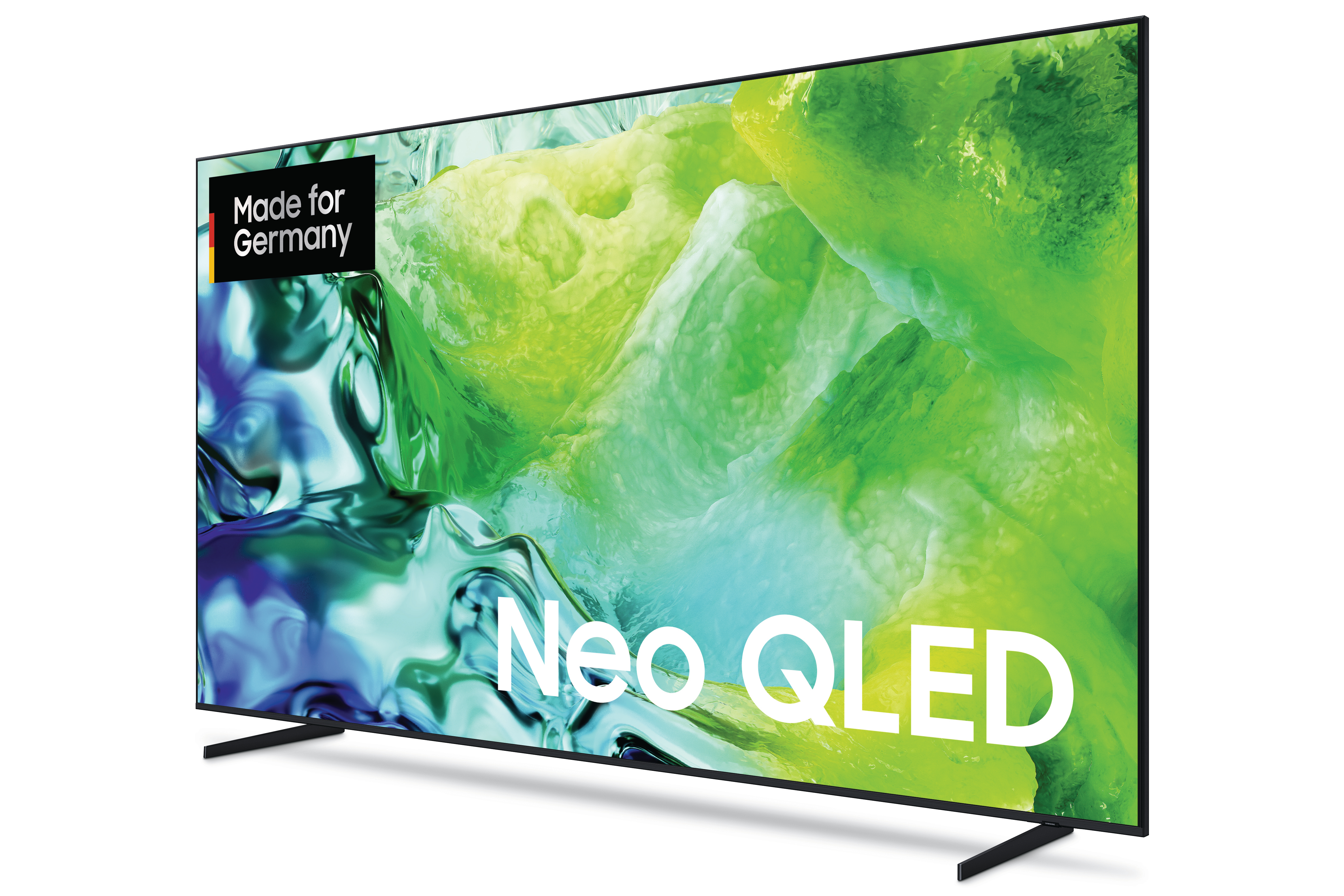 Ein Samsung Neo QLED Fernseher mit einem "Made for Germany"-Aufkleber.