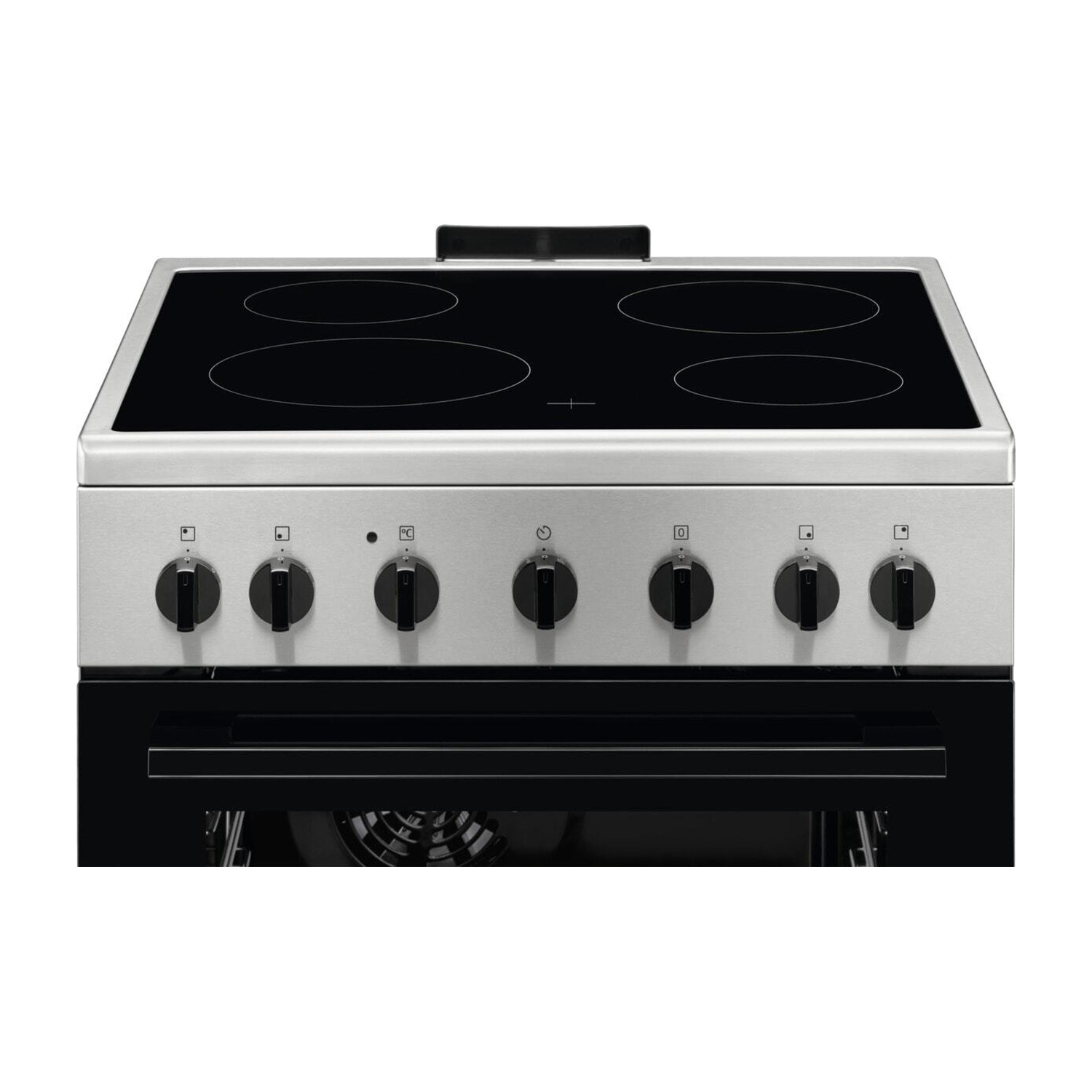 Fornello argentato con piano cottura nero, manopole e porta forno.