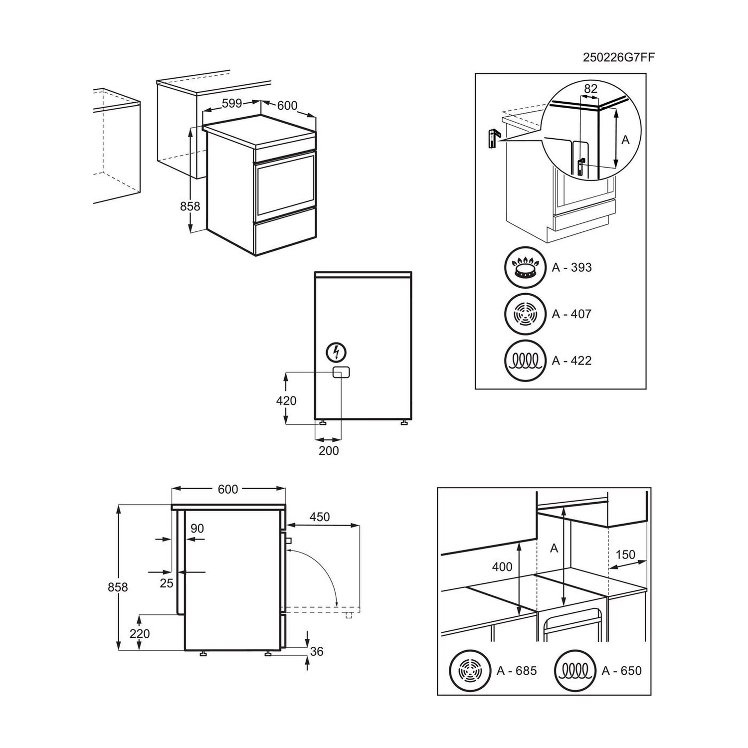 Disegno tecnico di un forno da incasso con dimensioni e simboli per vari piani cottura.
