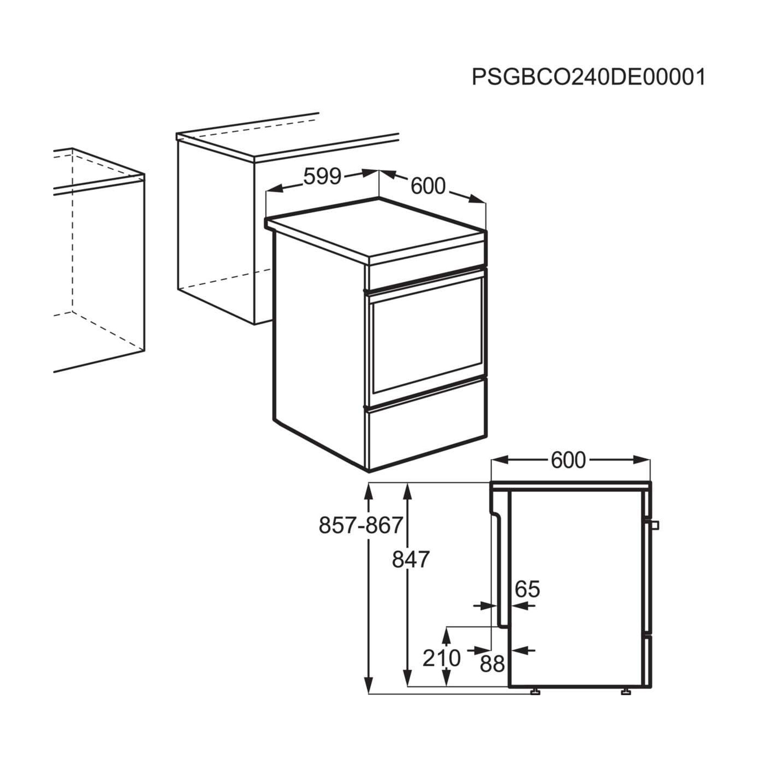 Disegno tecnico di un elettrodomestico da incasso con misure.