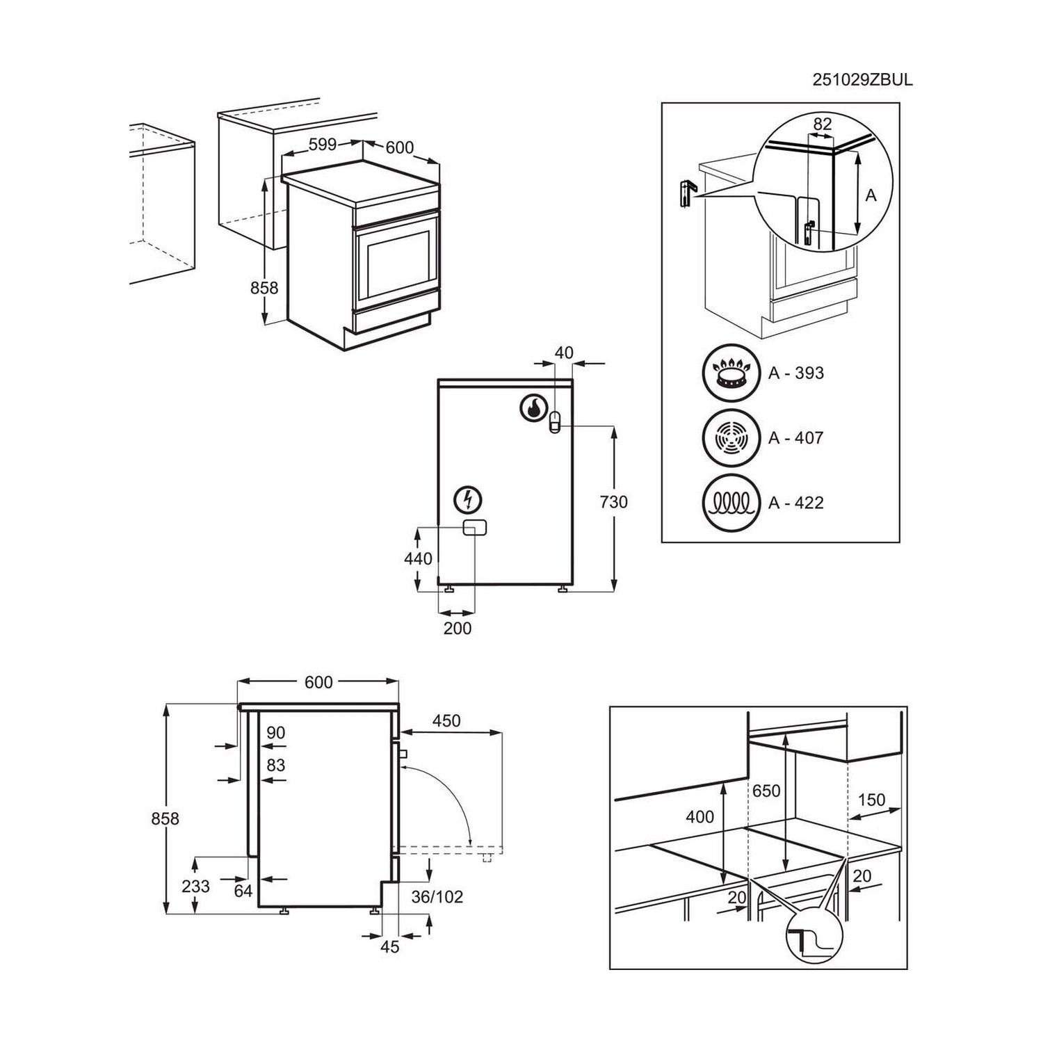 Disegno tecnico di un forno da incasso con dimensioni e simboli per diverse funzioni di cottura.