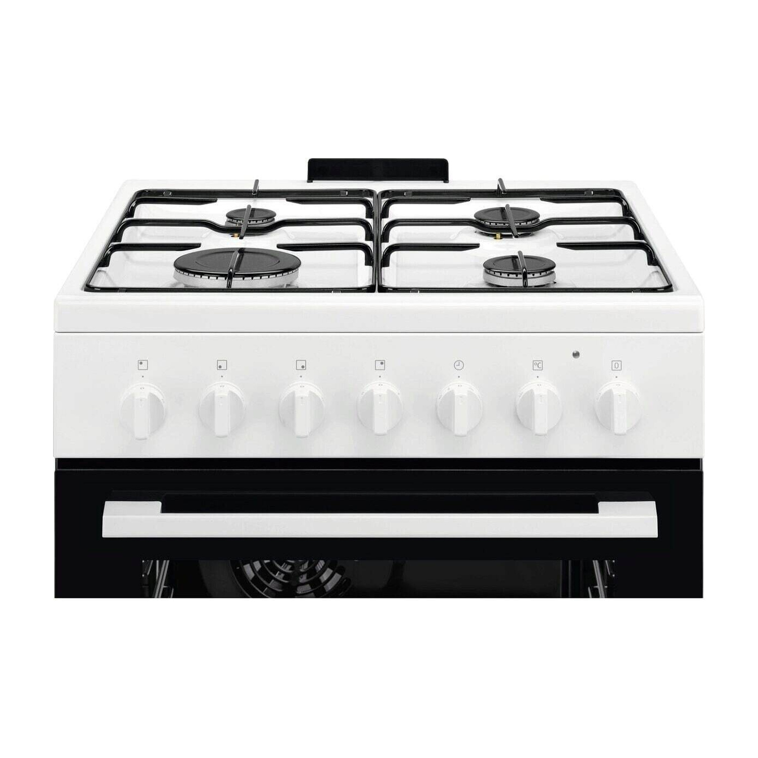 Un fornello a gas bianco con quattro fuochi, manopole e un forno sottostante.