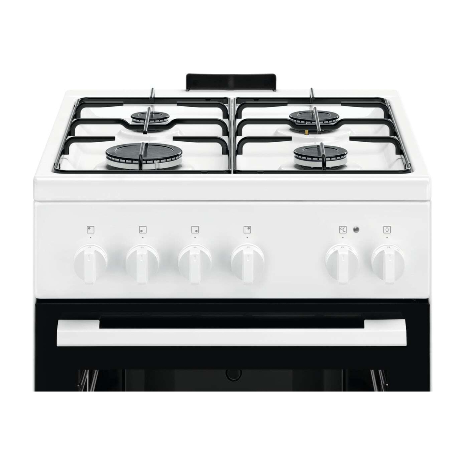 Fornello a gas bianco con quattro fuochi, manopole e forno.
