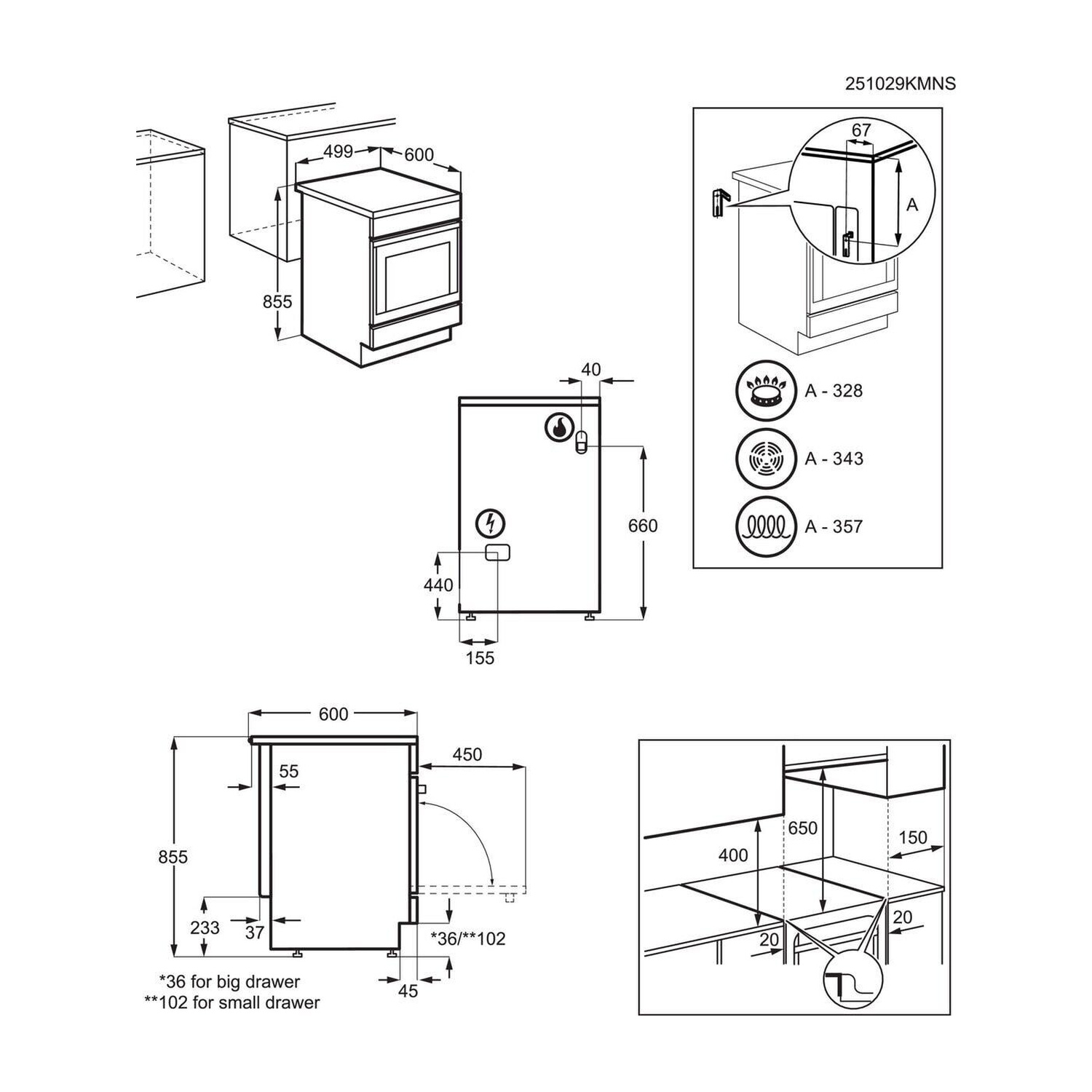 Disegno tecnico di un forno da incasso con dimensioni e simboli.