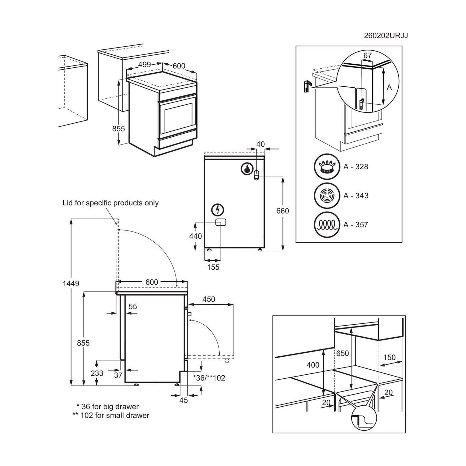 Disegno tecnico di un apparecchio da incasso con dimensioni e simboli per varie funzioni.