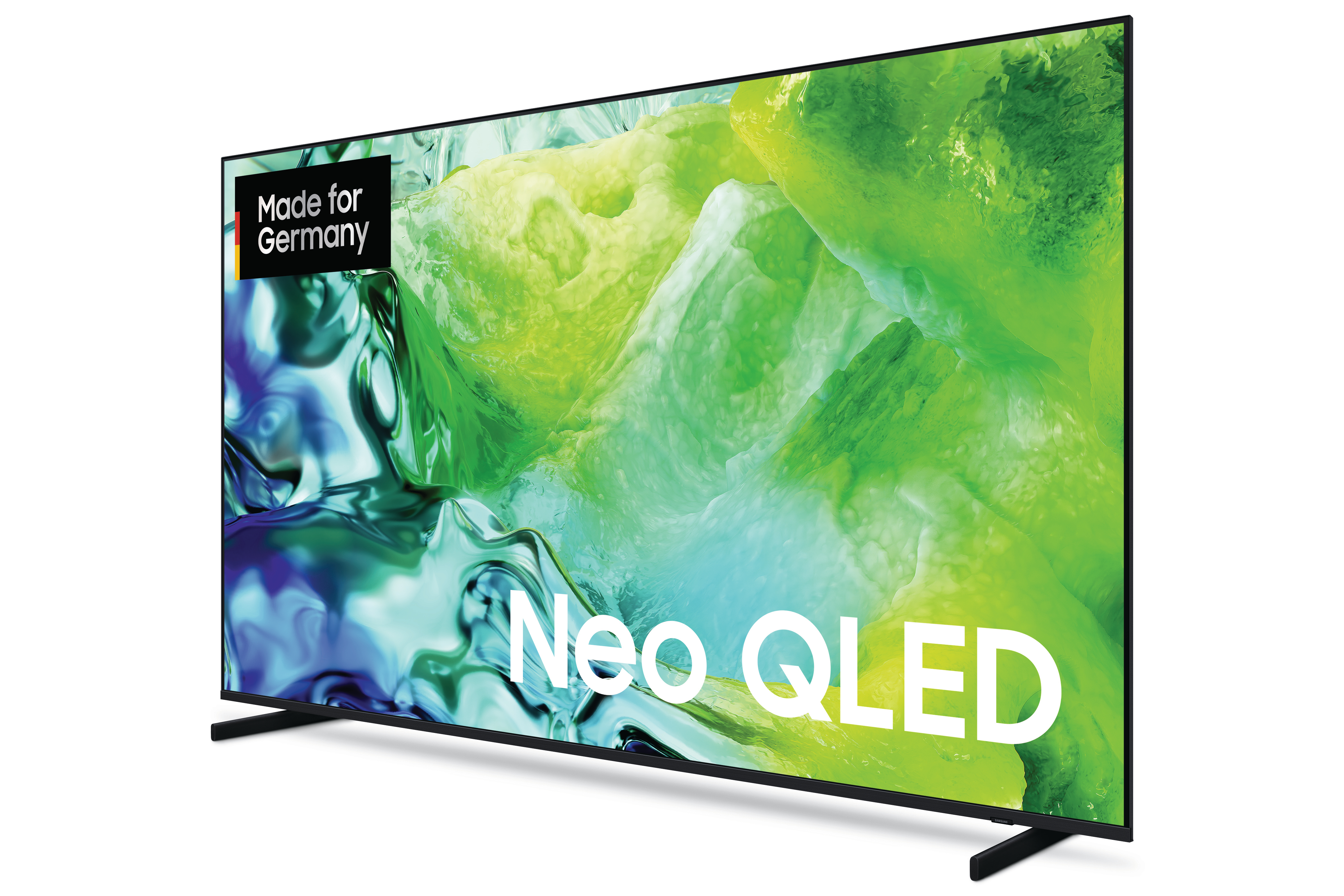 Ein Samsung Neo QLED Fernseher mit "Made for Germany" Siegel und grünen Bildschirminhalt.
