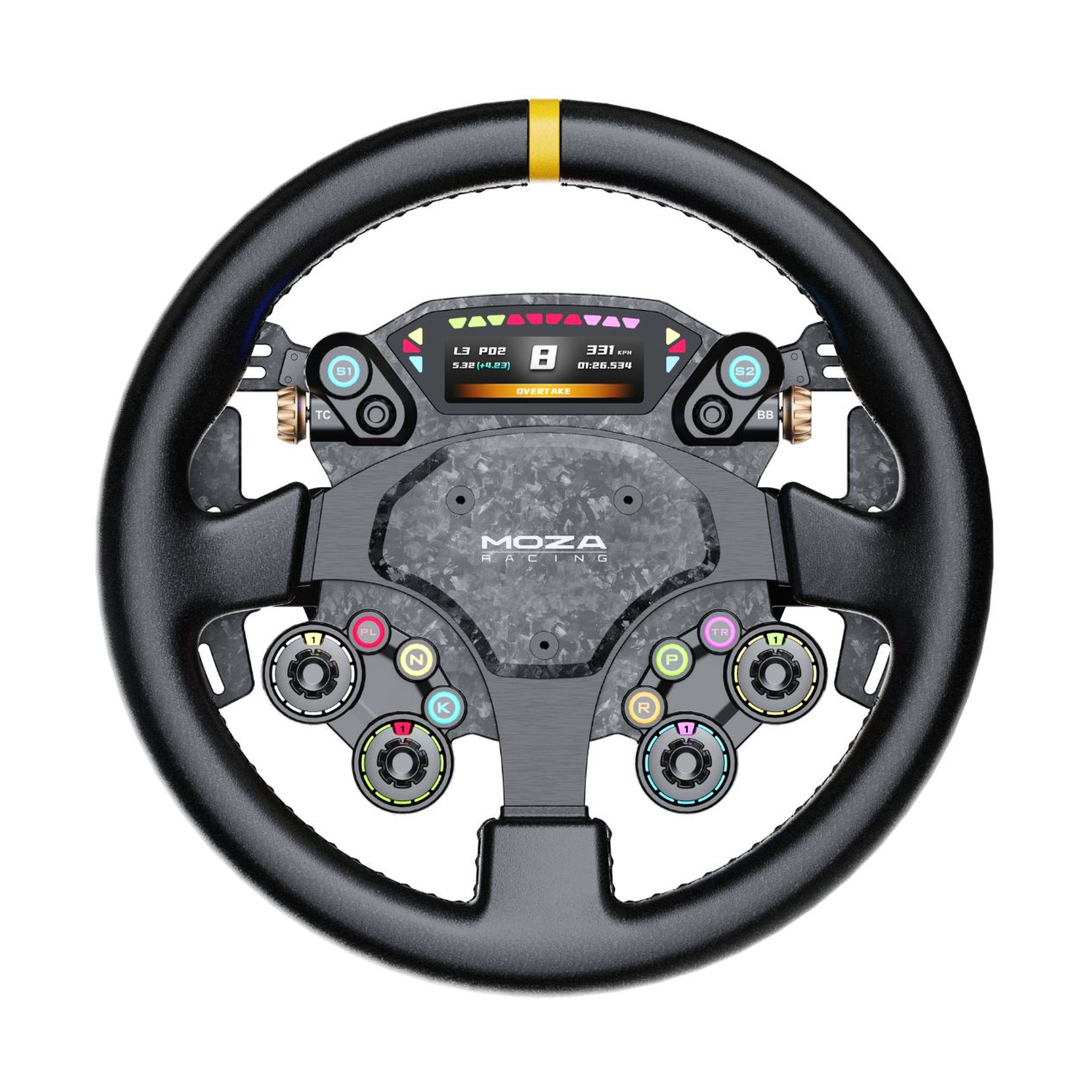 Un volante da corsa nero con display digitali e molti pulsanti.