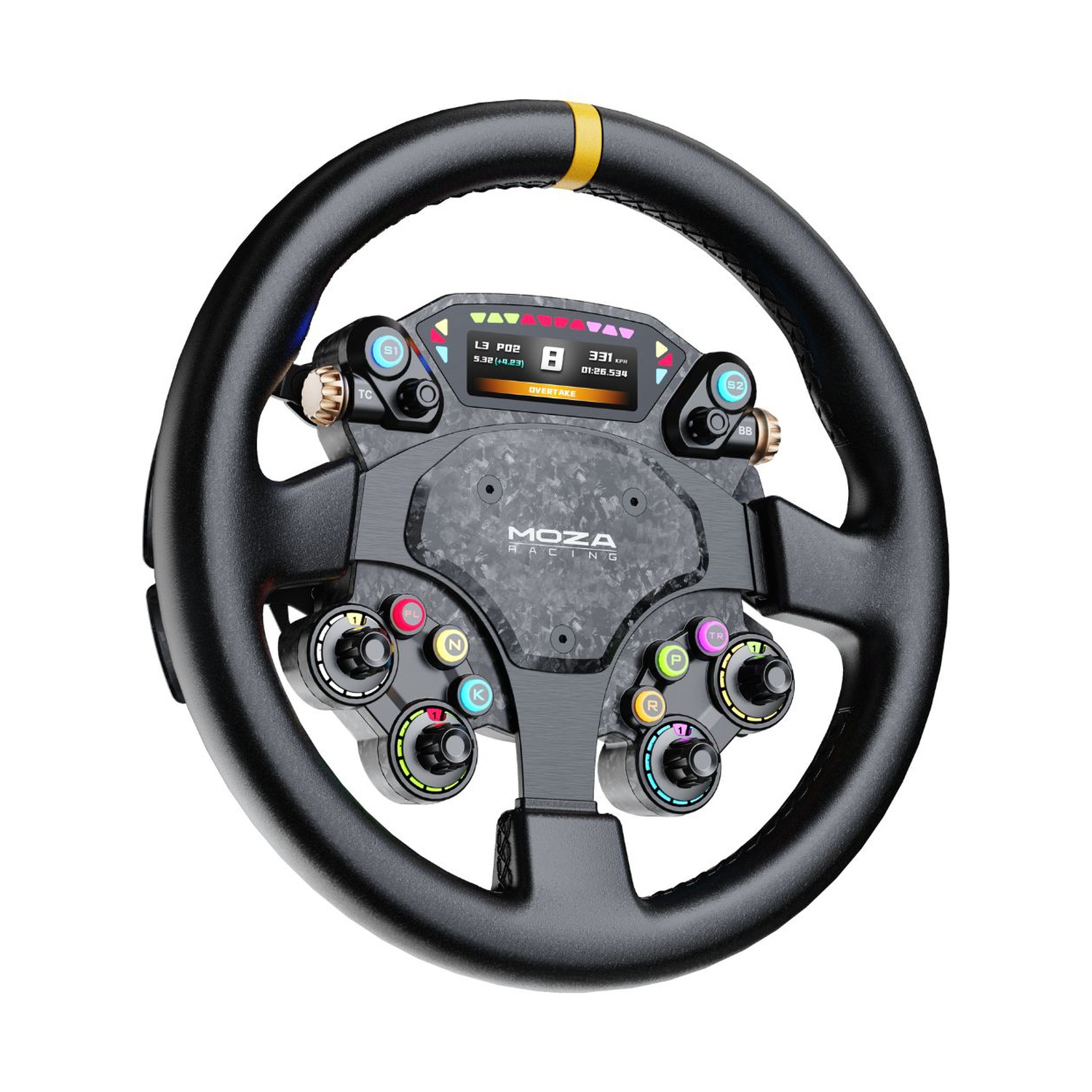 Volante da corsa nero con accenti in carbonio e display digitale.