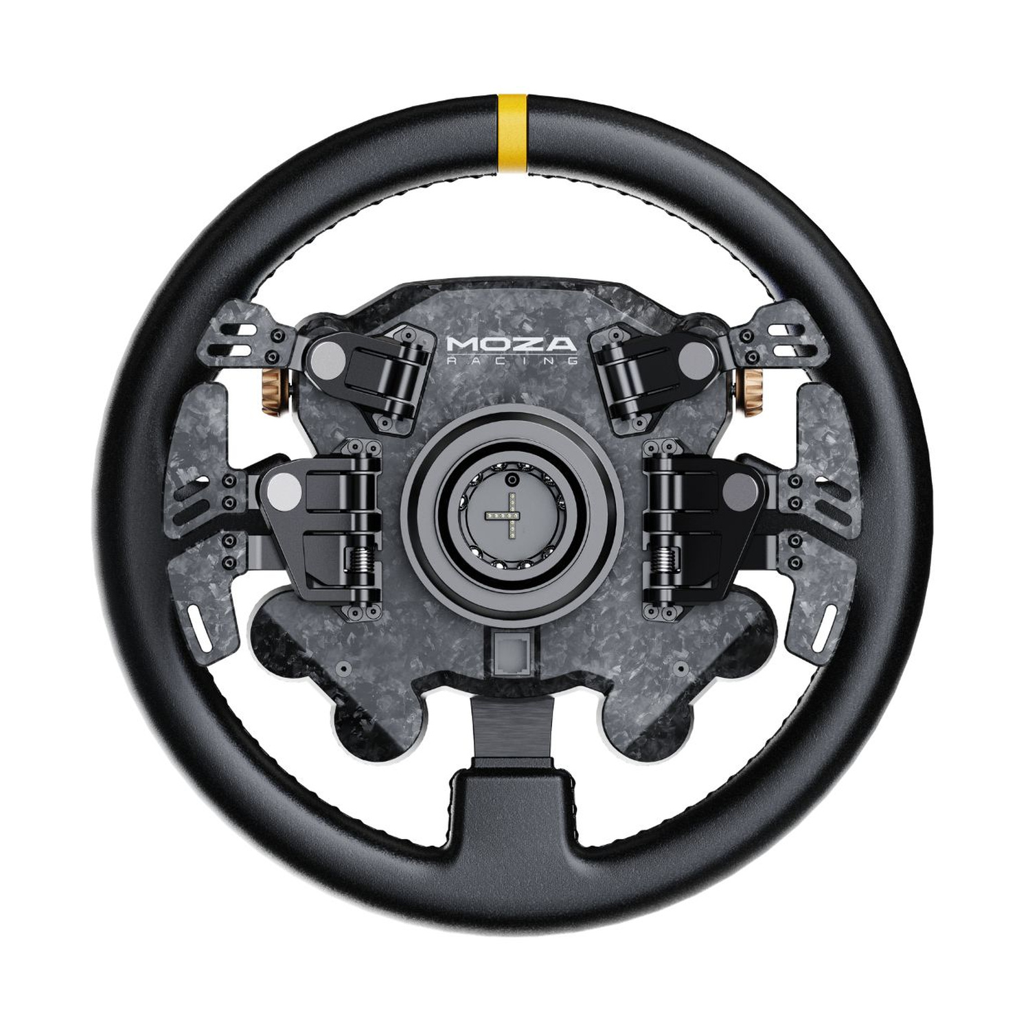 Volante nero con striscia gialla, logo Moza Racing e accenti in carbonio.