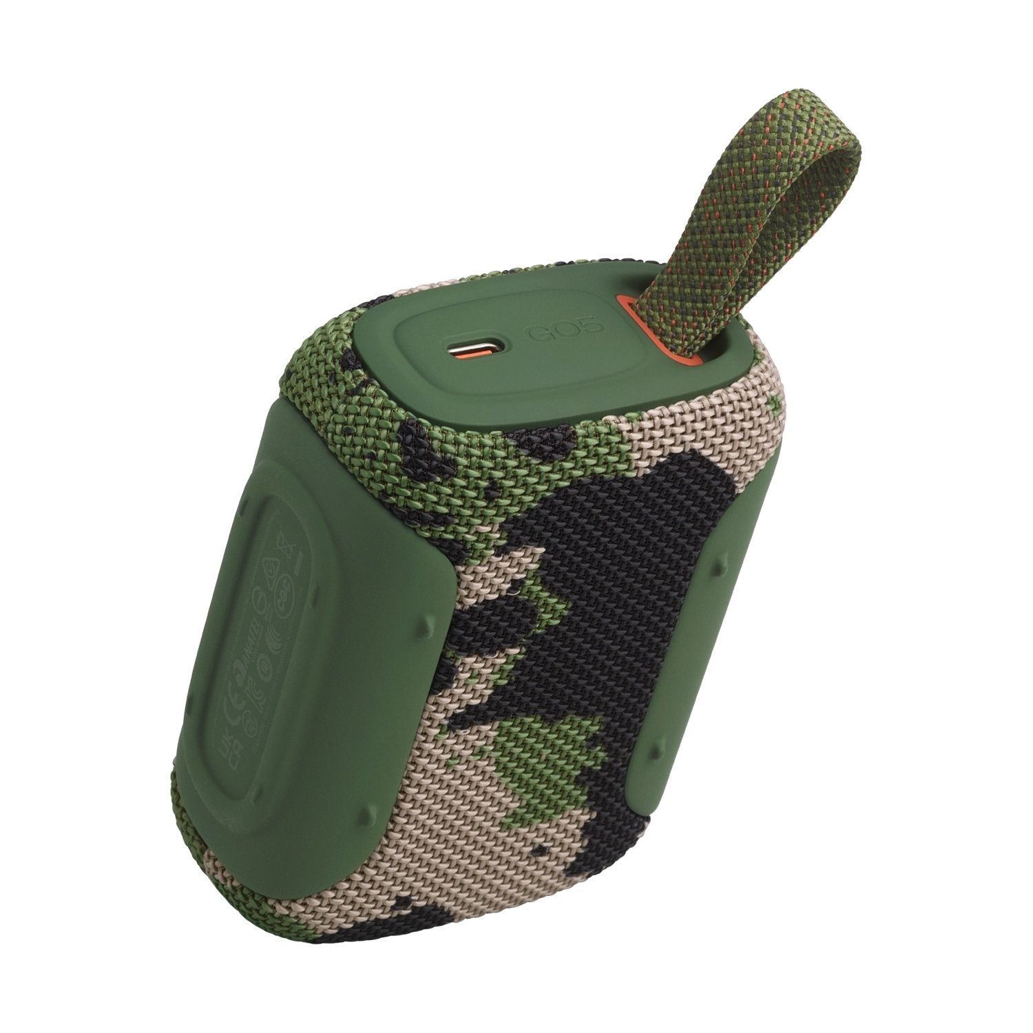 Altoparlante mimetico verde con cinturino e porta USB-C.