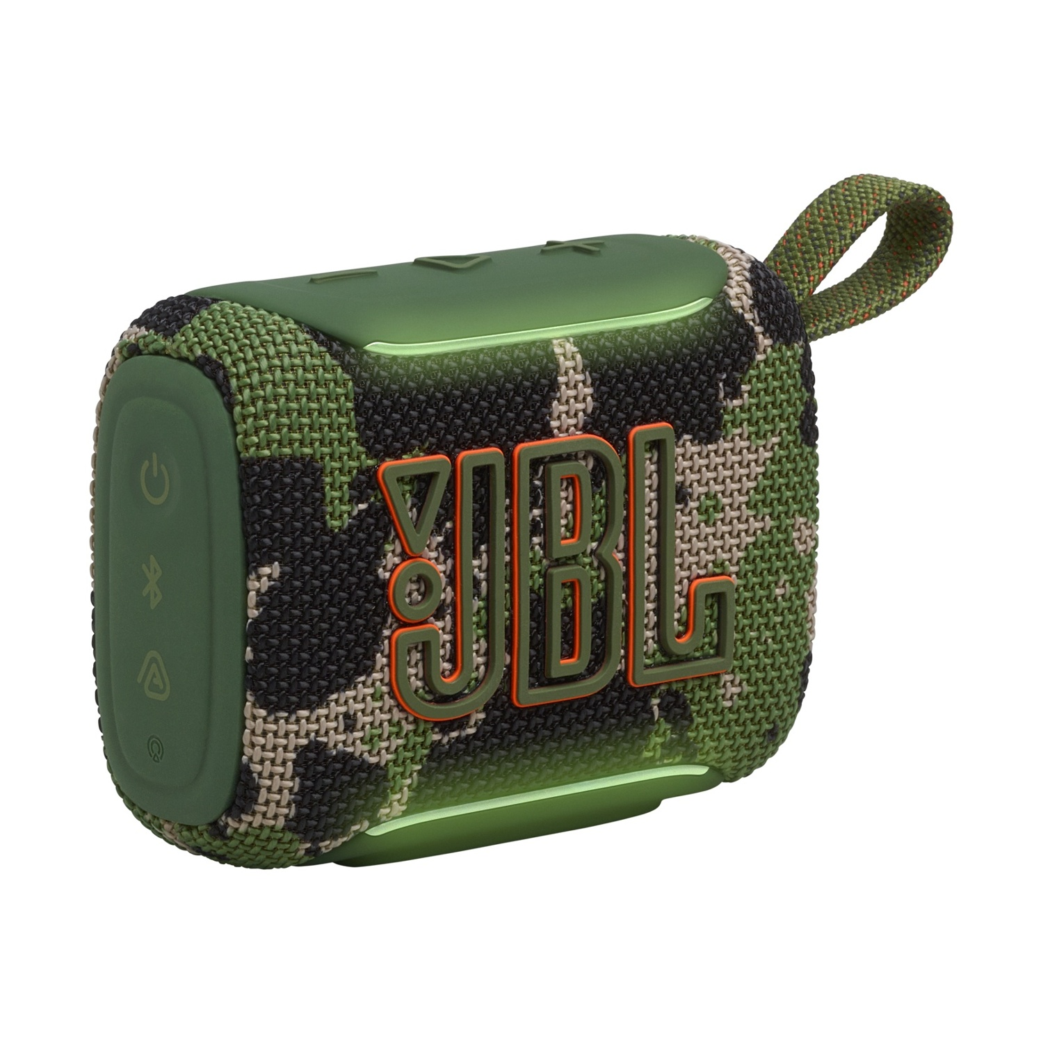 Cassa Bluetooth JBL mimetica verde con logo arancione e laccetto.
