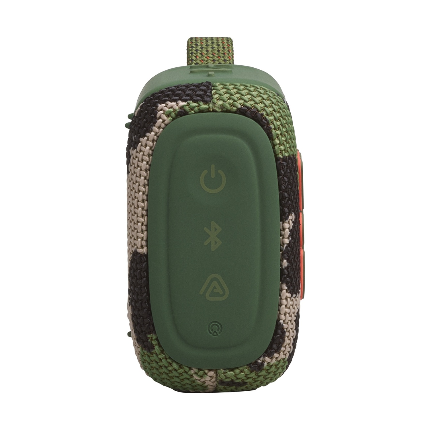 Altoparlante portatile mimetico verde con icone di accensione e Bluetooth sul pannello frontale.
