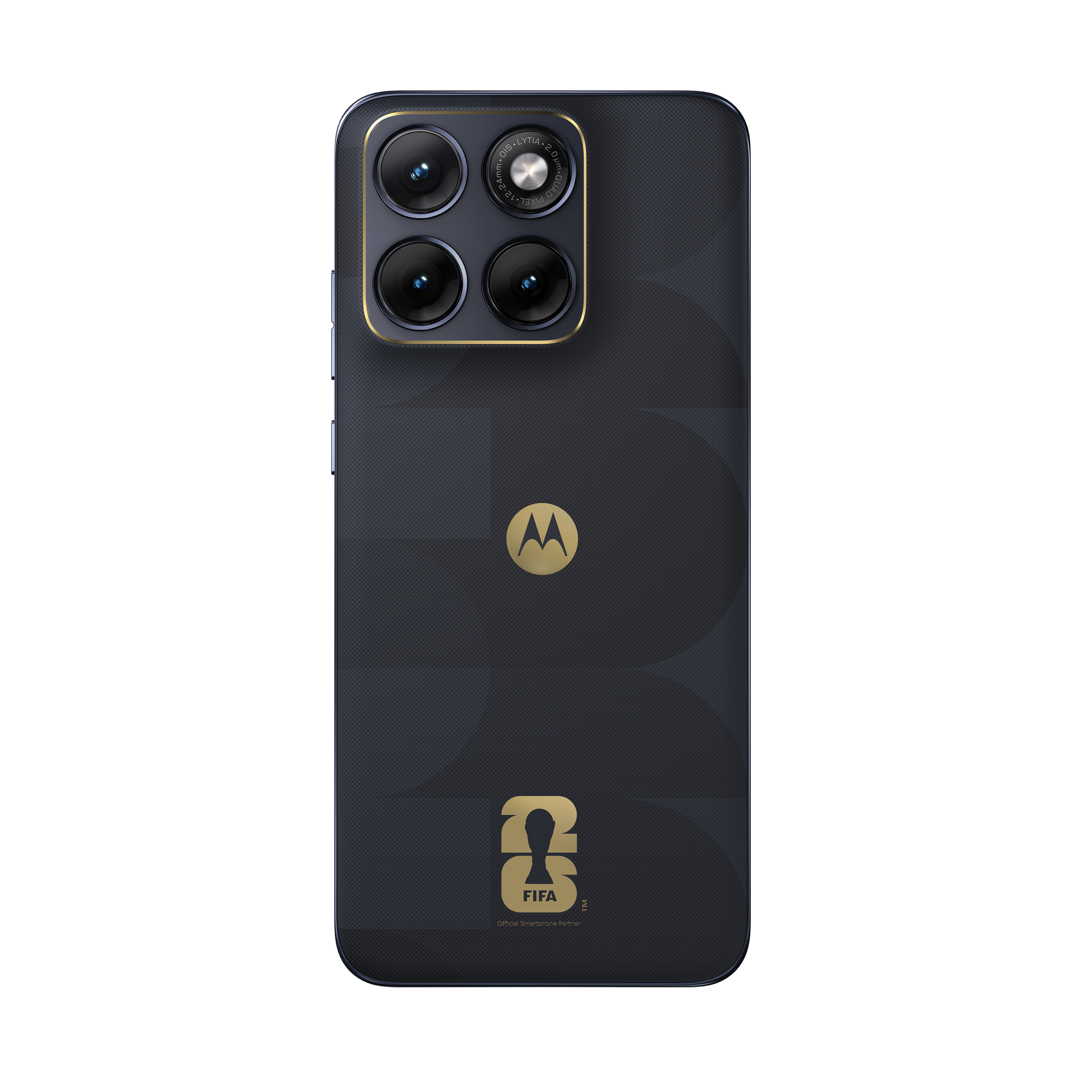 Dunkelblaues Motorola-Handy mit vier Kameras, goldenem Logo und FIFA-Motiv.