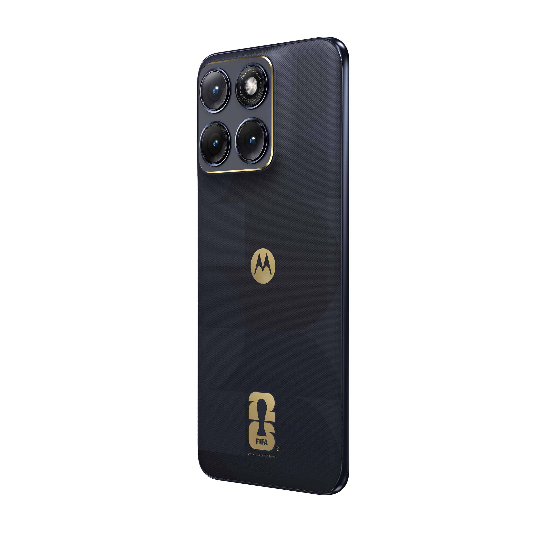 Dunkelblaues Motorola Handy mit vier Kameras und goldenem FIFA-Logo.