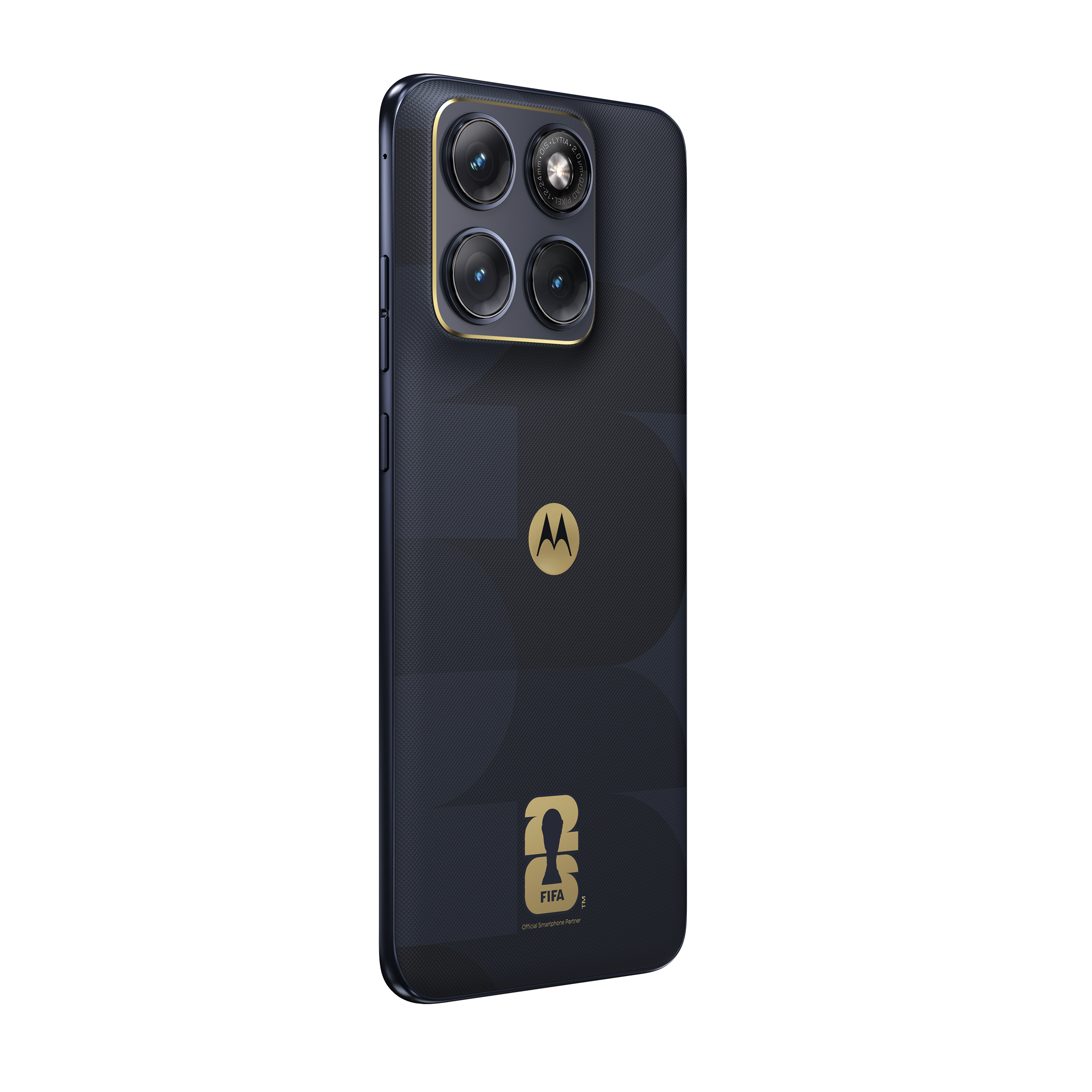 Dunkelblaues Motorola-Smartphone mit vier Kameras, FIFA-Logo und 2023-Grafik.