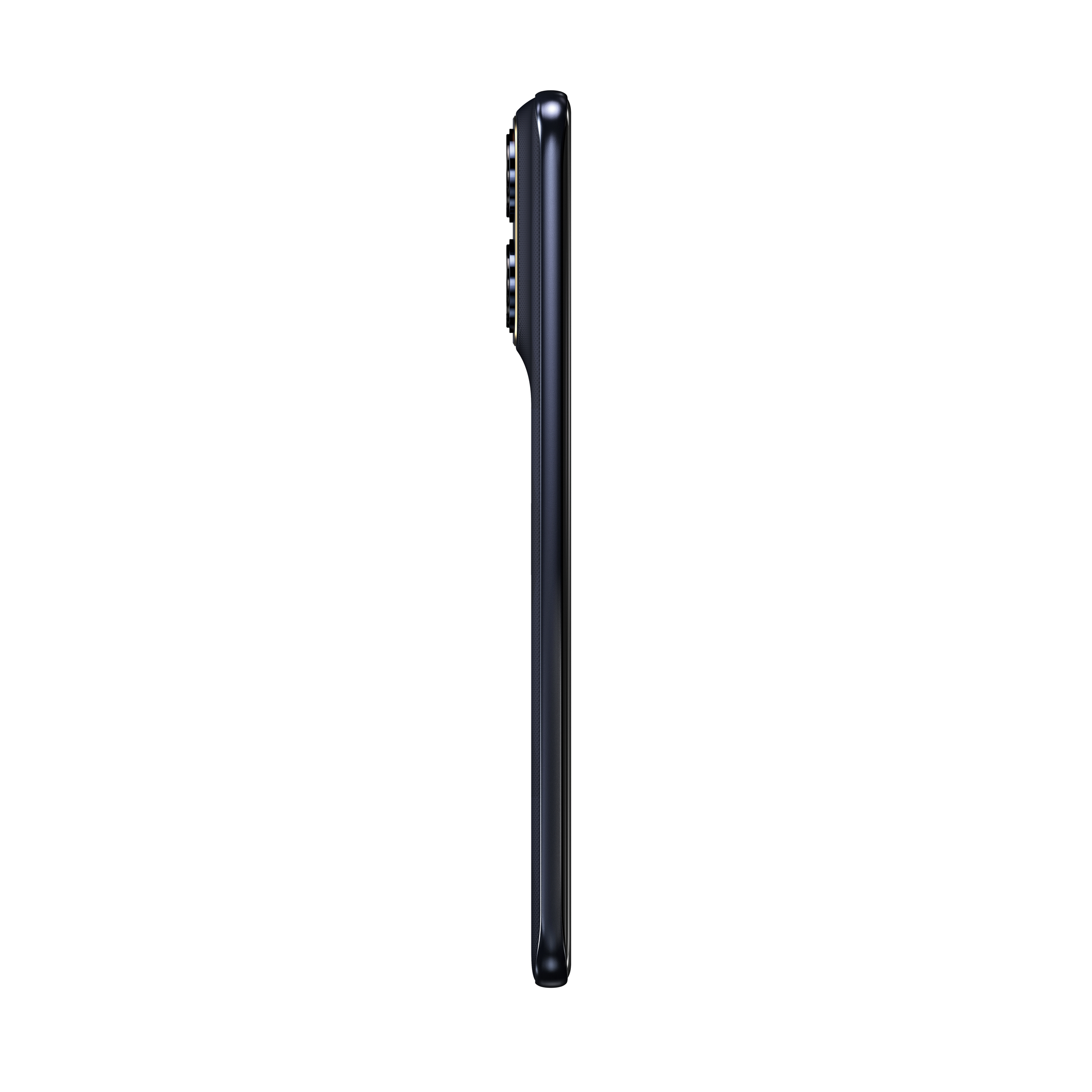 Dunkelblaues Smartphone im Seitenprofil mit sichtbaren Kameralinsen.