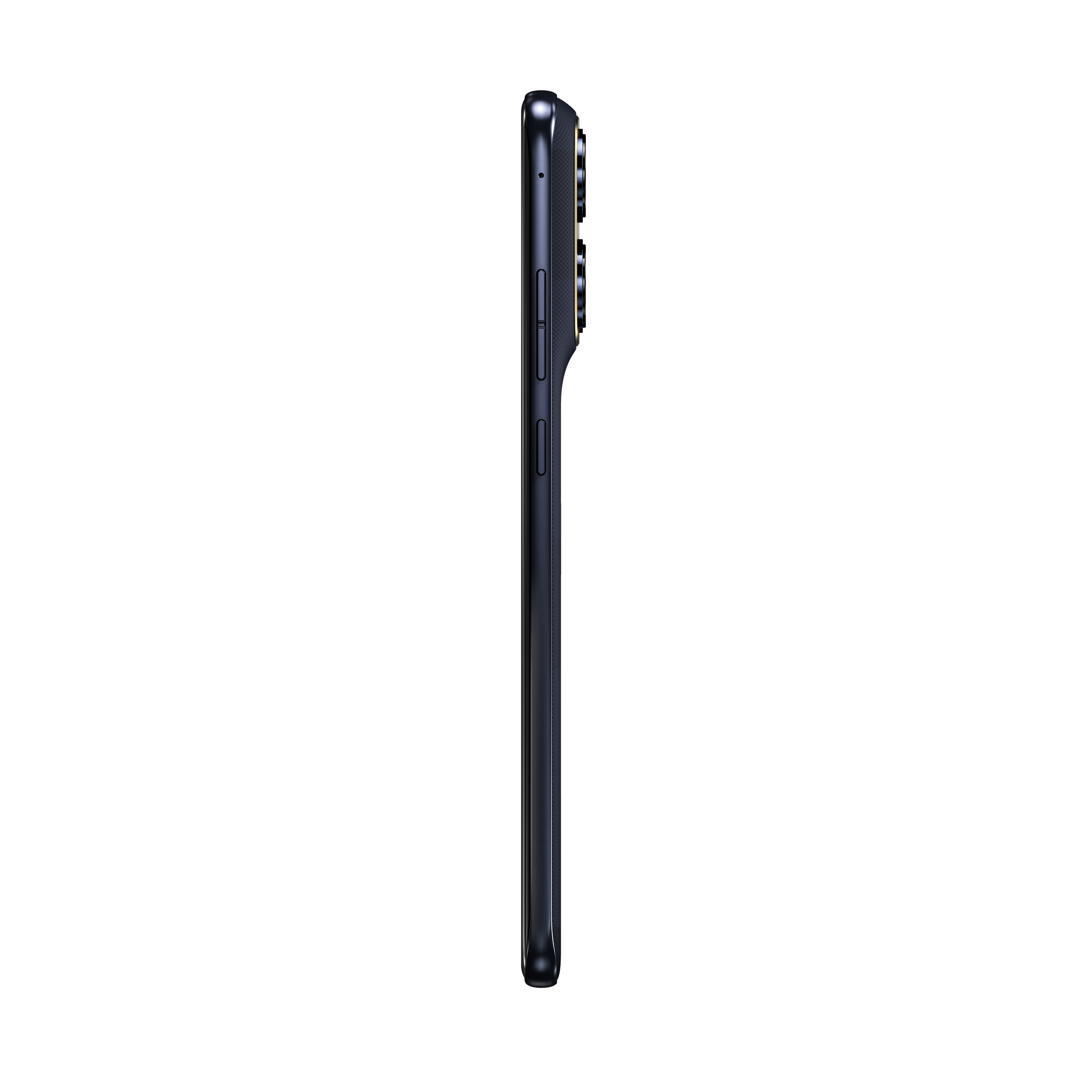 Dunkelblaues Smartphone von der Seite mit Kameras und Knöpfen.
