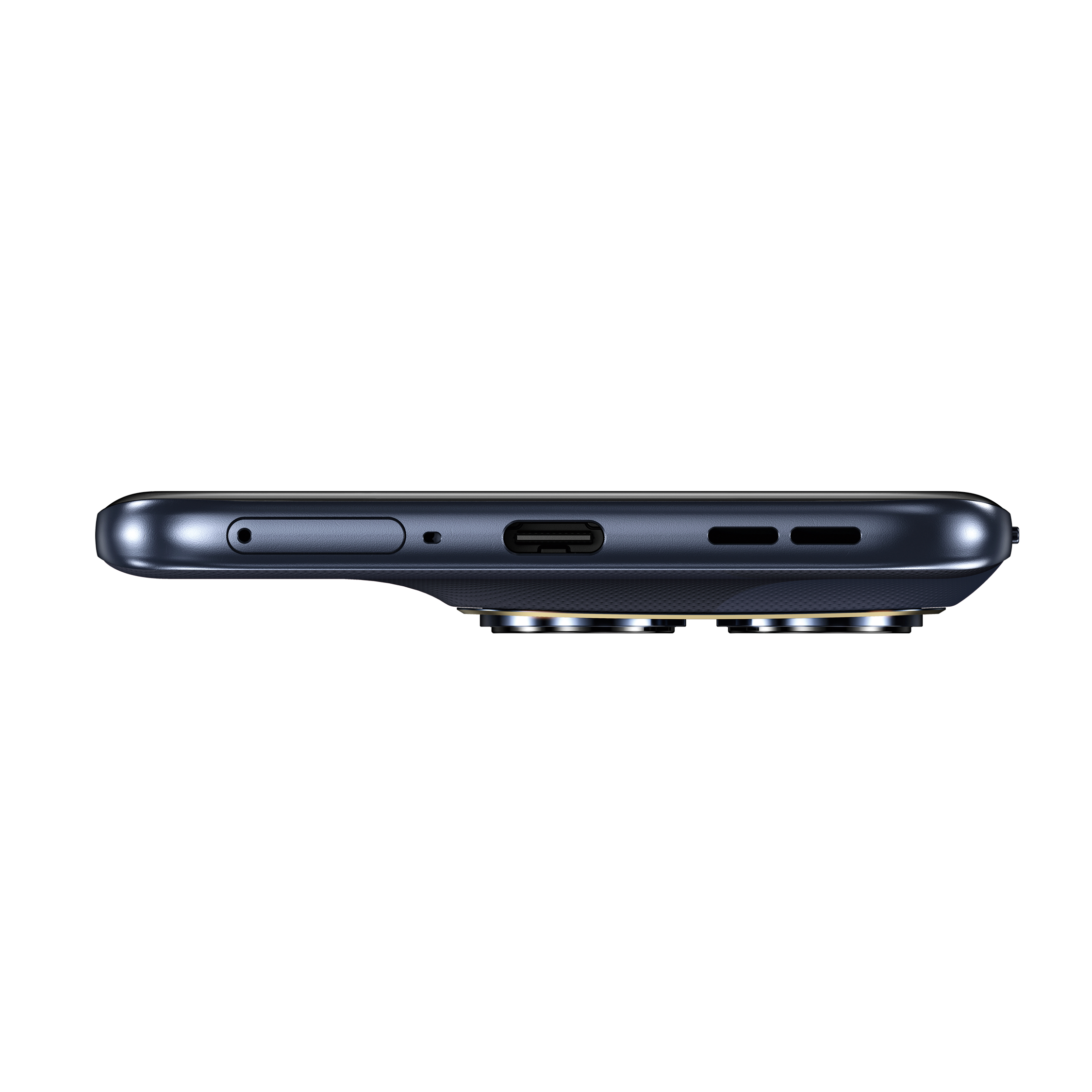 Detailansicht der Unterseite eines dunklen Smartphones mit USB-C-Anschluss.