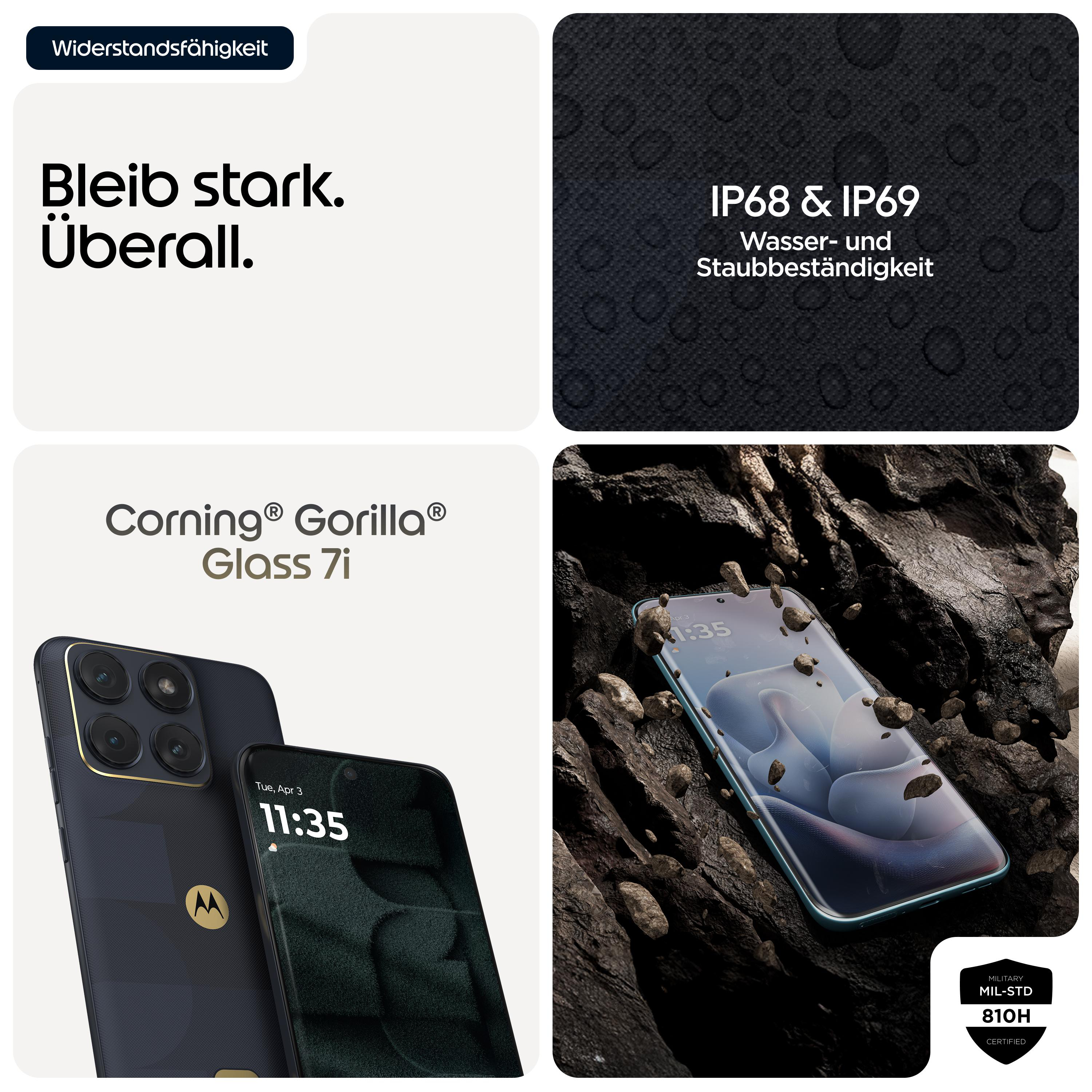 Drei Bilder zeigen ein robustes Smartphone mit Corning Gorilla Glass 7i und IP68/IP69-Zertifizierung.
