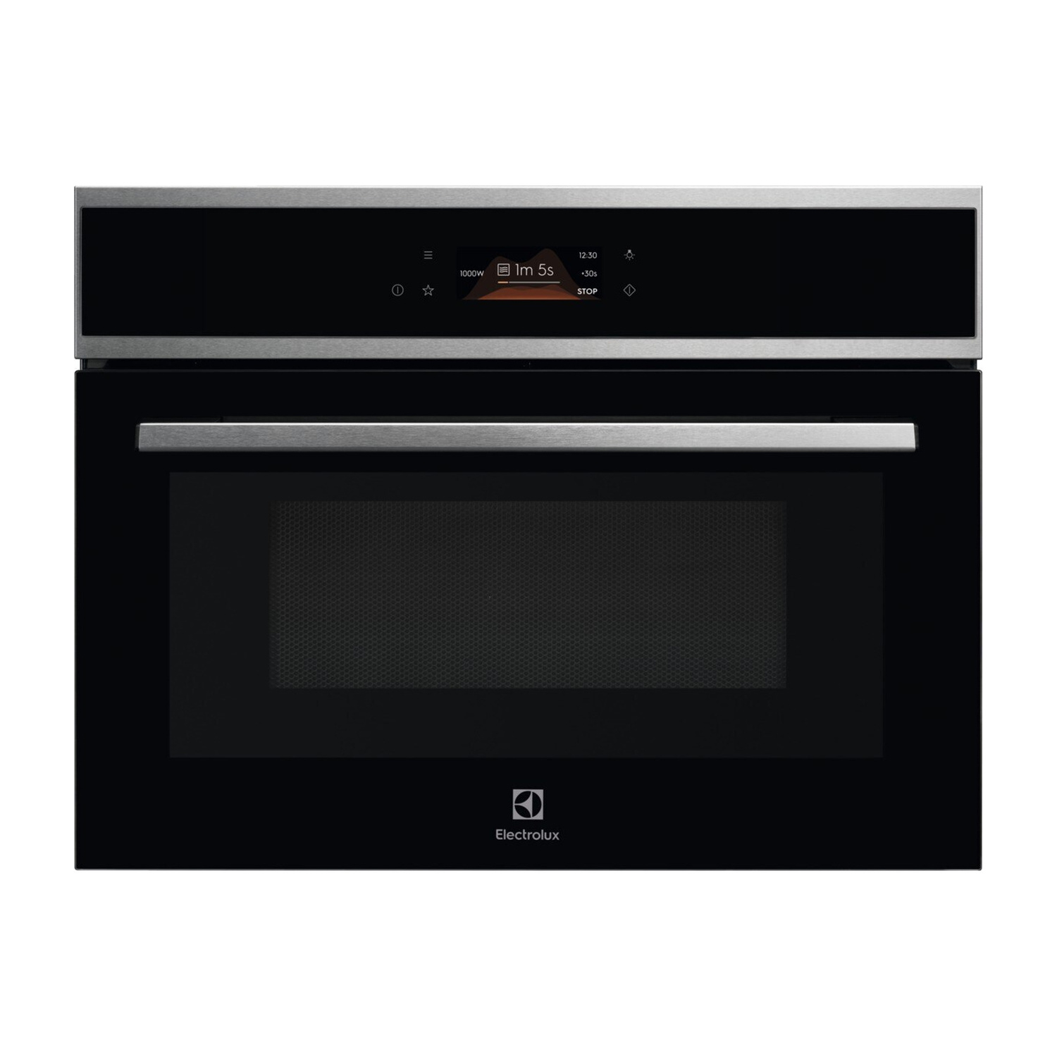 Moderno forno a microonde Electrolux nero con display digitale e maniglia in acciaio inox.