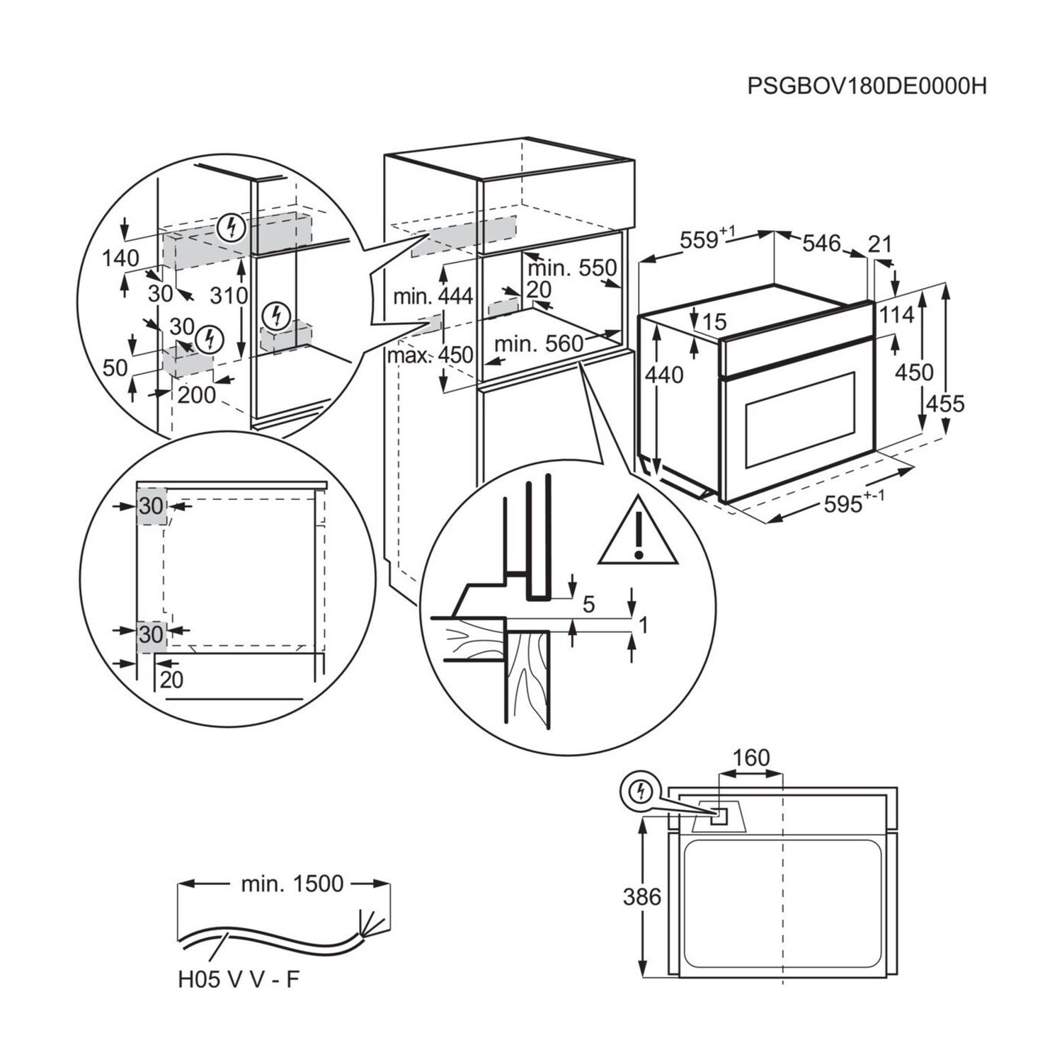 Disegno tecnico di un forno da incasso con dimensioni e dettagli di installazione.