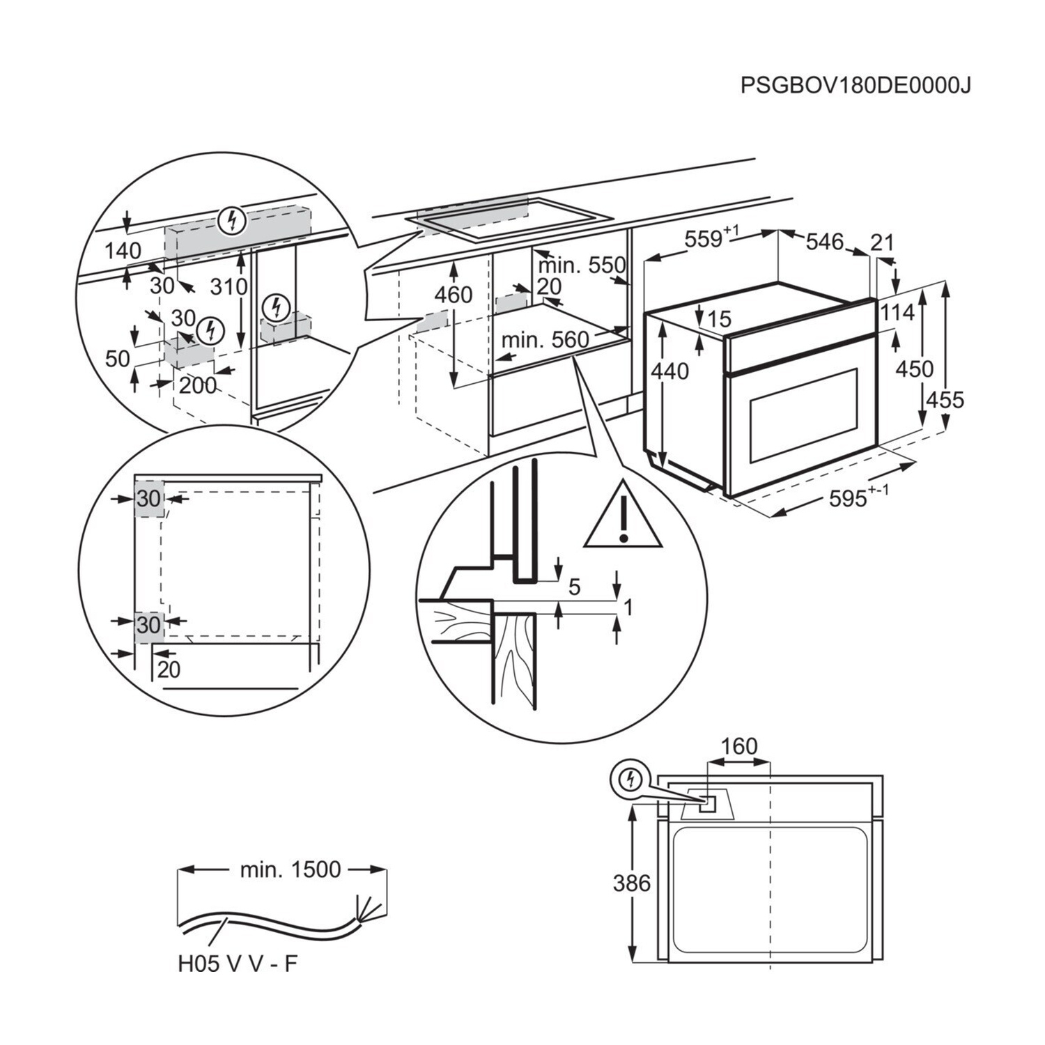 Disegno tecnico di un forno da incasso con dimensioni e dettagli di installazione.