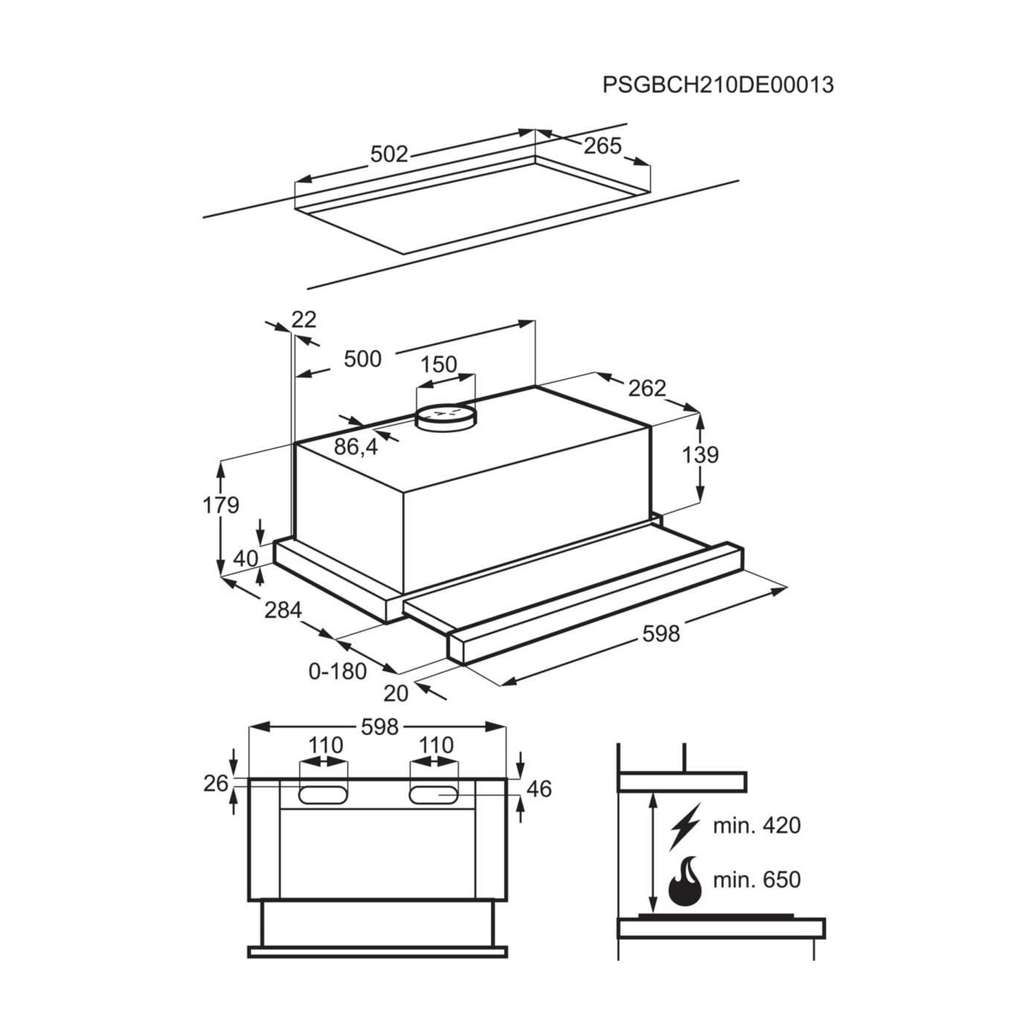 Disegno tecnico di una cappa aspirante con dimensioni e note di installazione.