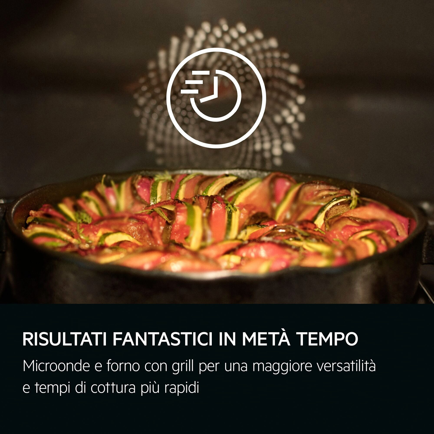Un gratin di verdure in padella, con icona del tempo.