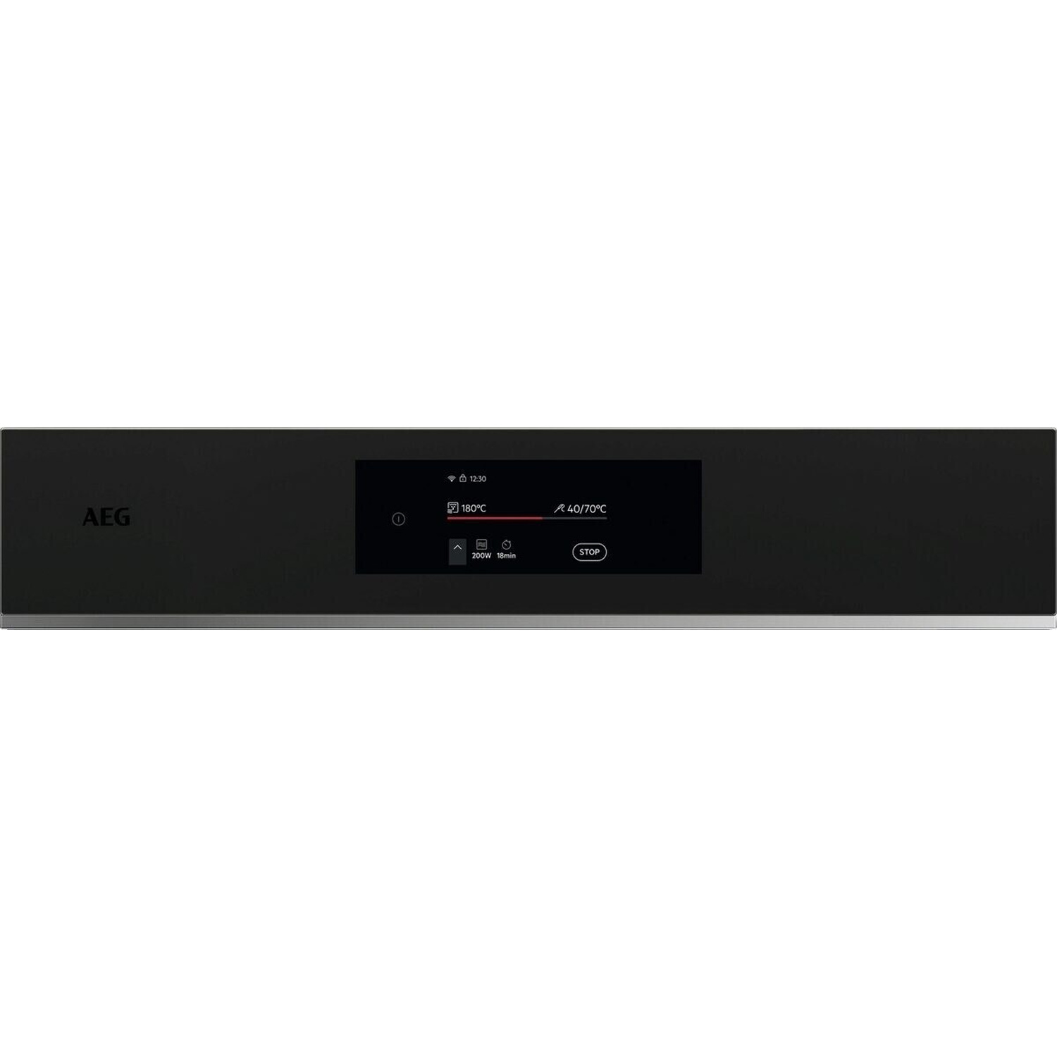 Il display del forno AEG mostra ora, 180C, 40/70C, 200W, 18min e Stop.