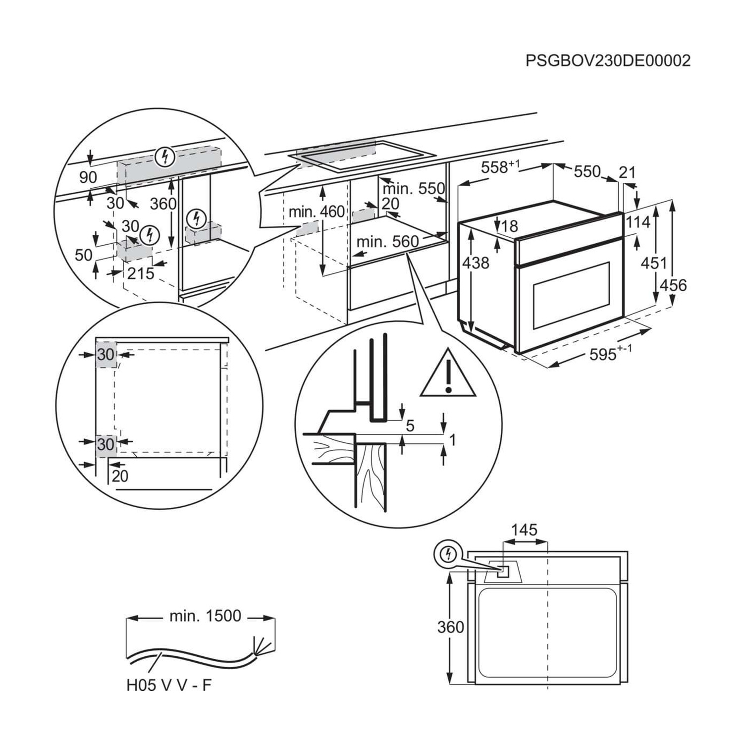 Disegno tecnico di un forno da incasso con dimensioni e dettagli di installazione.