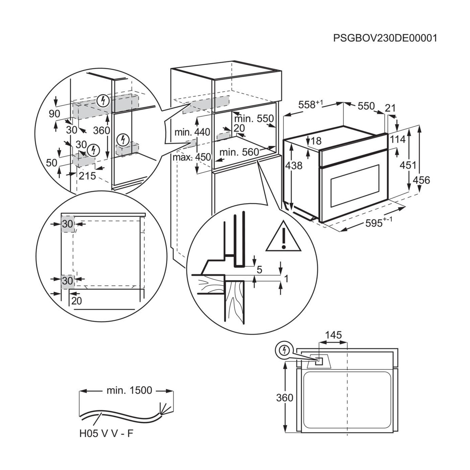 Disegno tecnico di un forno da incasso con dimensioni e istruzioni di installazione.