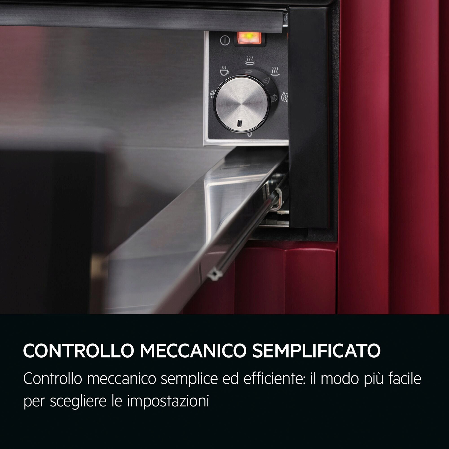 Primo piano di un apparecchio rosso con quadrante argentato e icone.