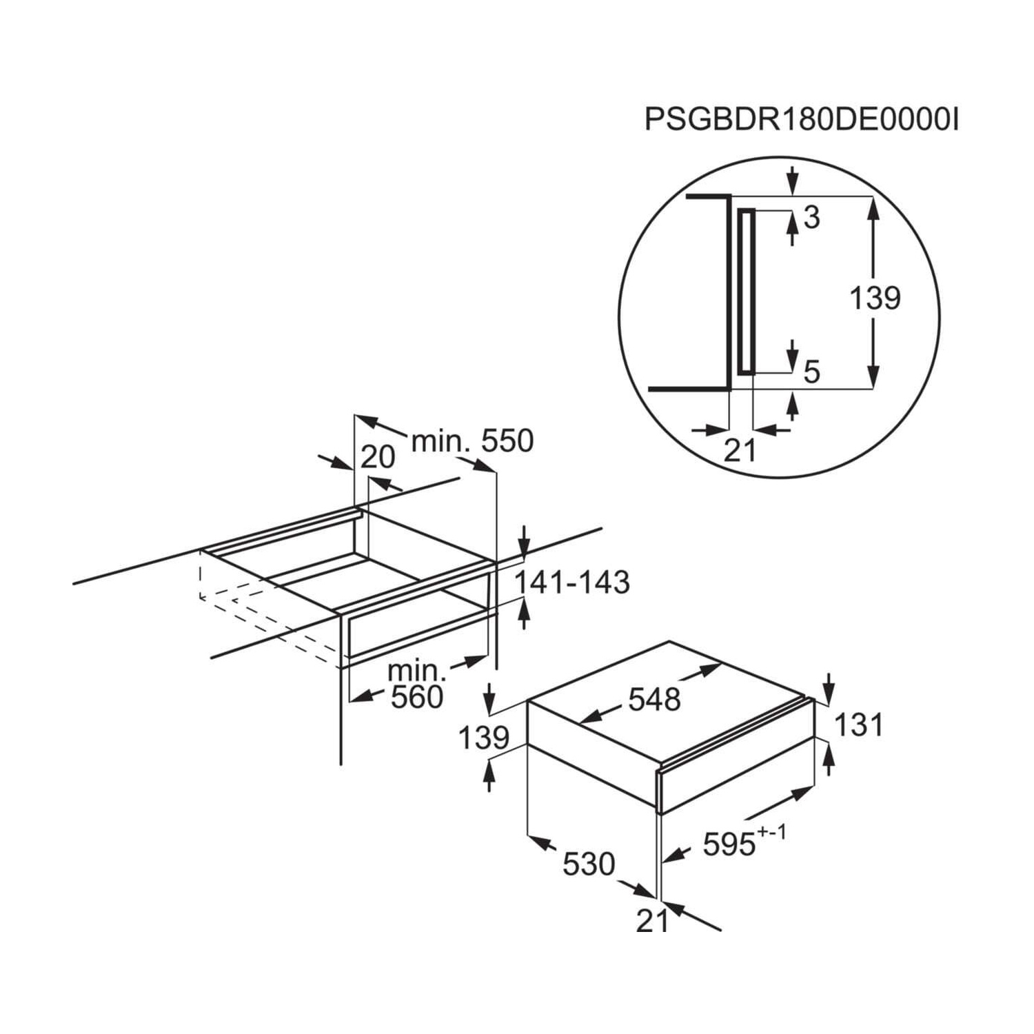 Disegno tecnico con dimensioni per elettrodomestico da incasso.