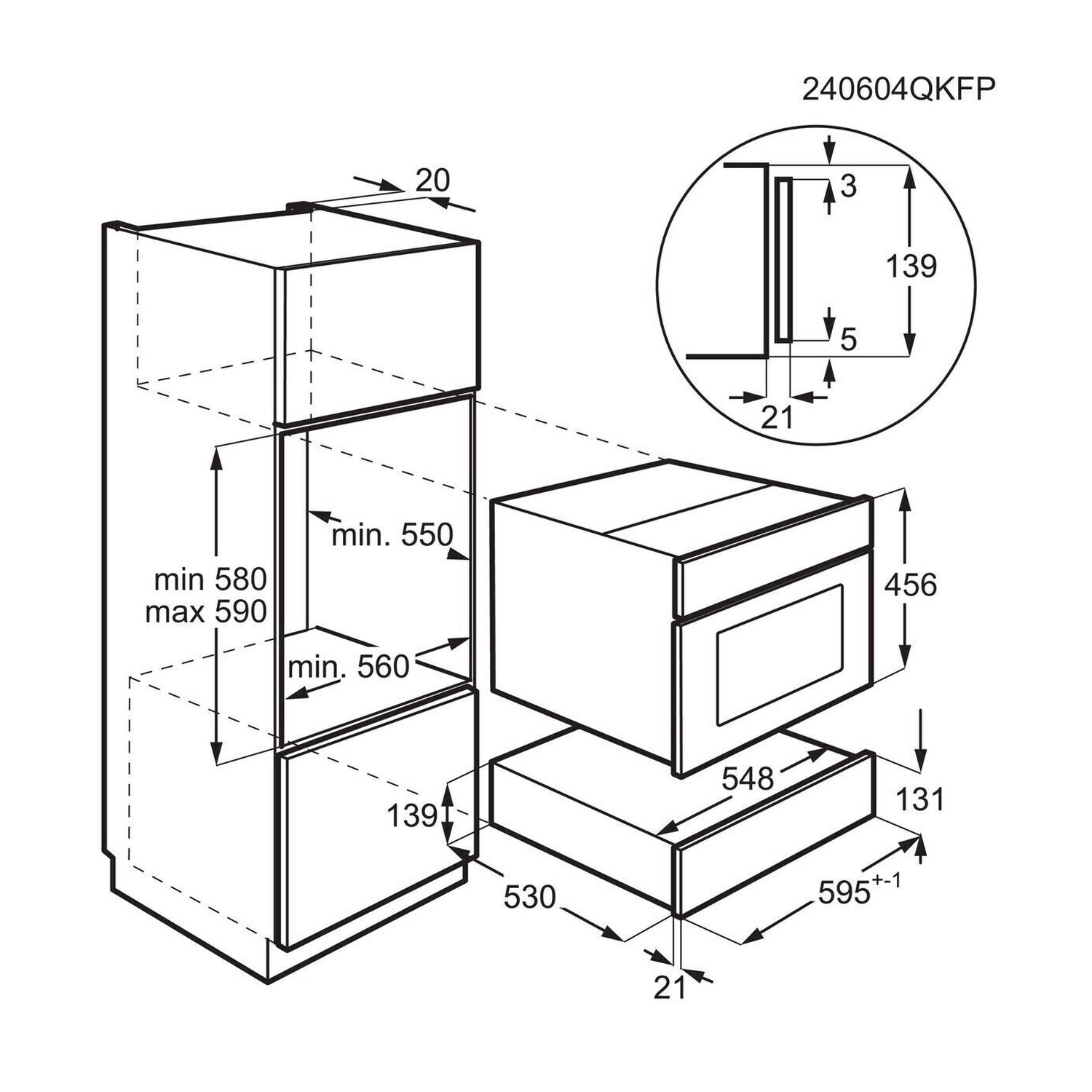 Disegno tecnico di un forno da incasso con dimensioni e dettagli.