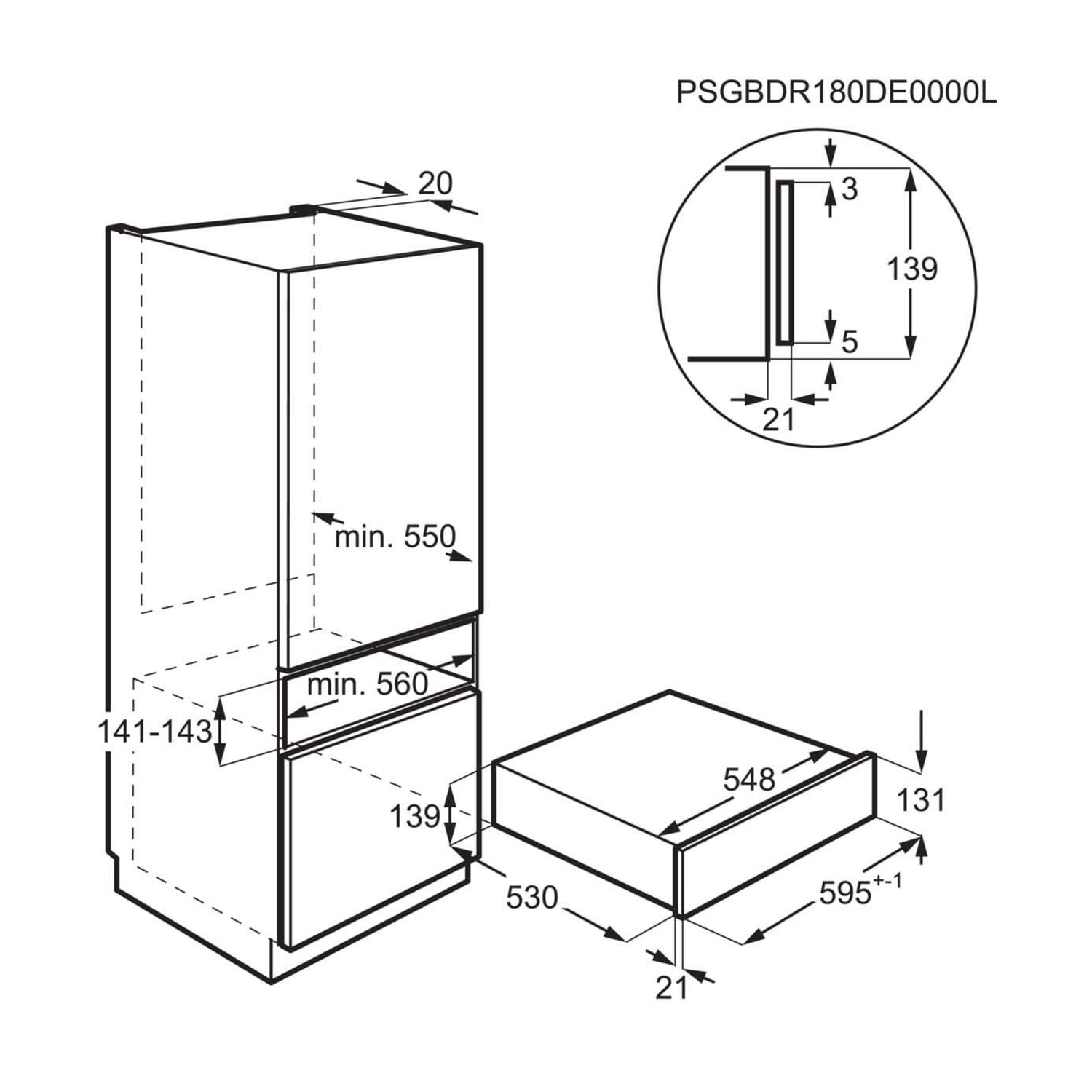 Disegno tecnico di un frigorifero da incasso con dimensioni.