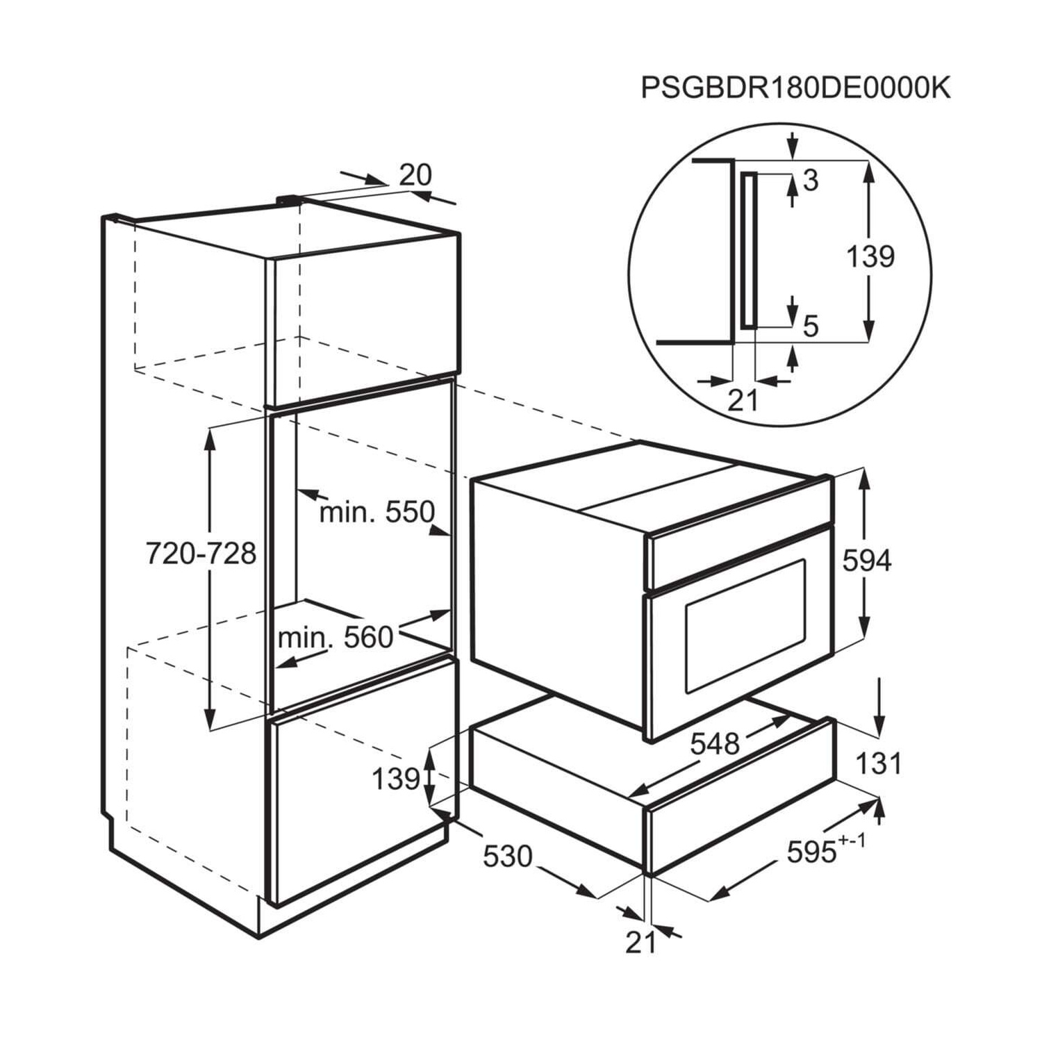 Disegno tecnico con dimensioni per elettrodomestici da cucina. Mostra altezza, larghezza, profondità.