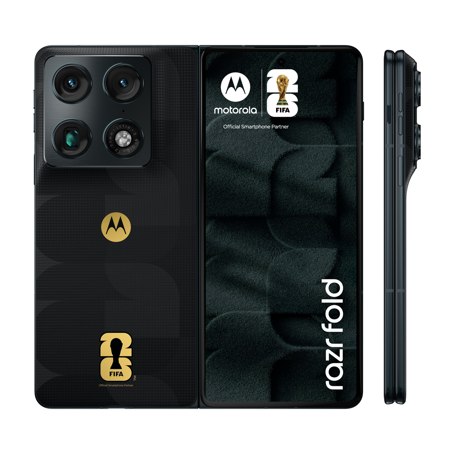 Telefono Motorola Razr Fold, nero, con marchio FIFA, mostrato piegato e aperto.