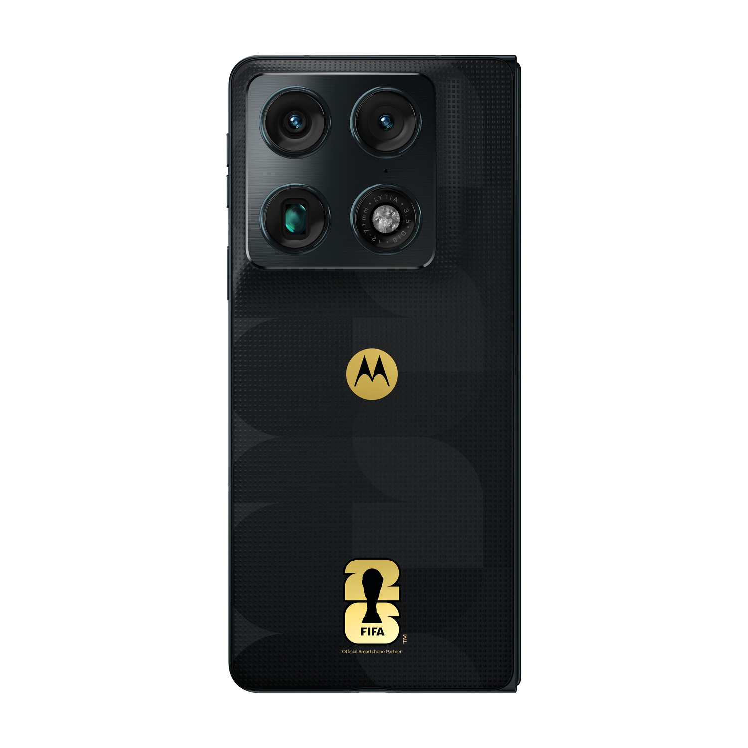 Smartphone Motorola nero con obiettivi della fotocamera e logo FIFA.