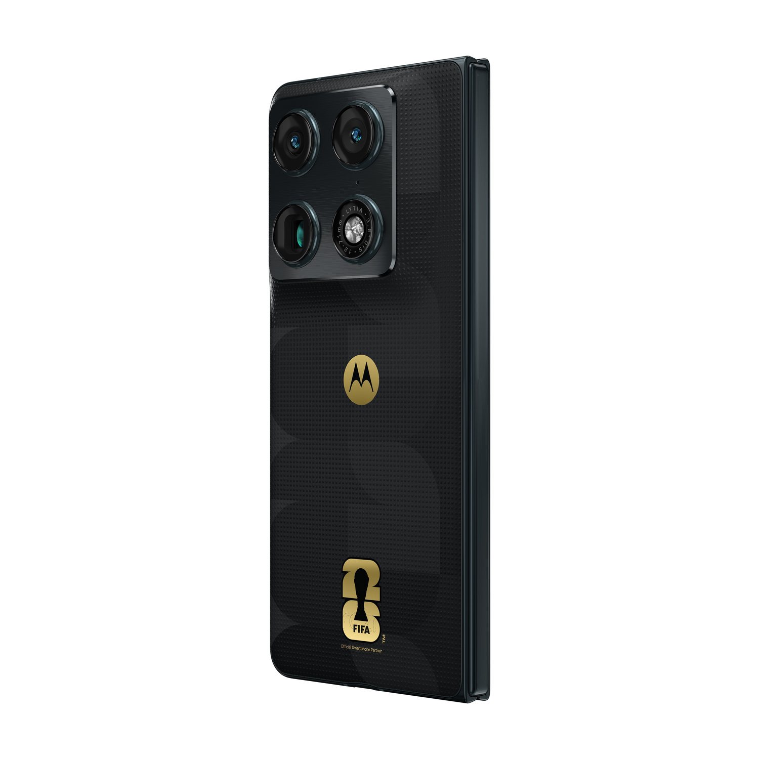 Smartphone nero con quattro fotocamere e logo FIFA.