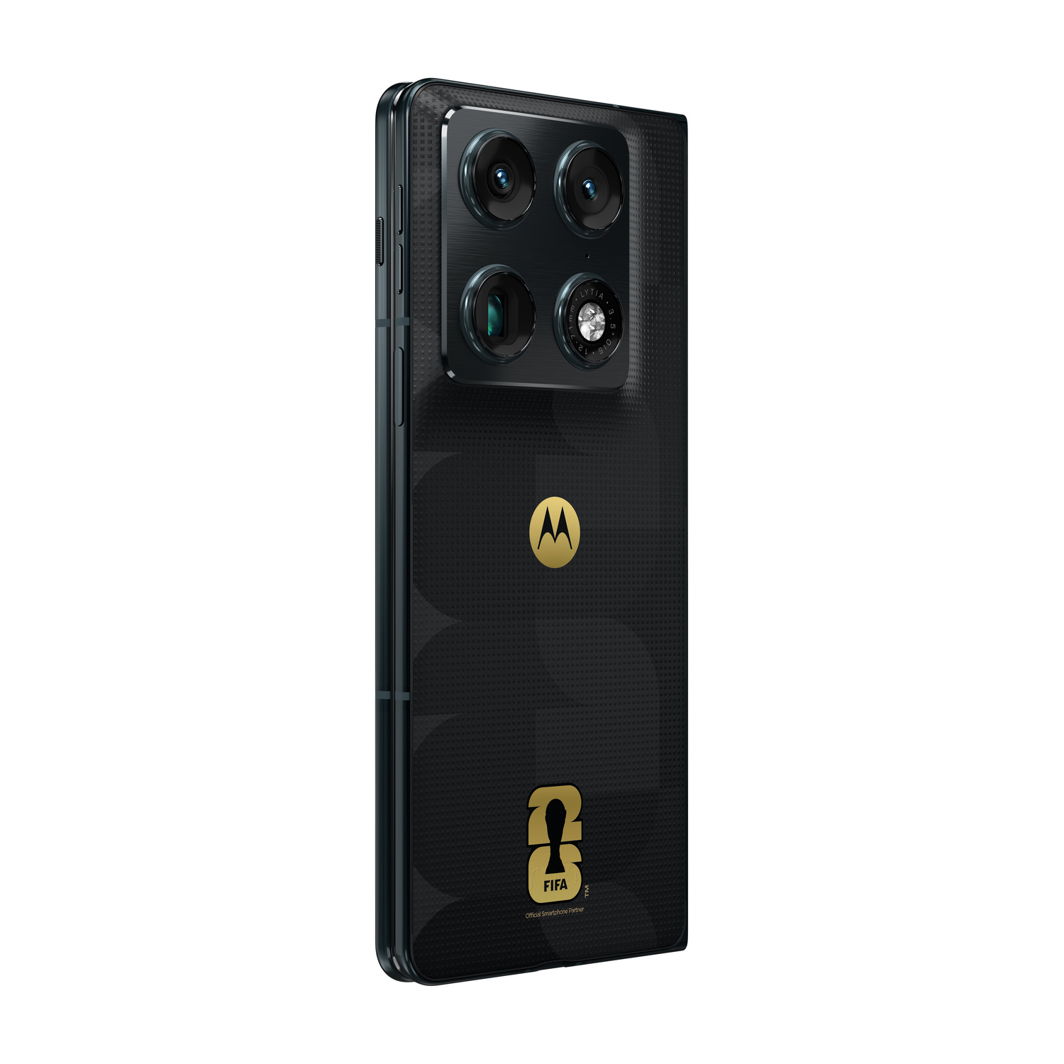 Smartphone Motorola nero con obiettivi della fotocamera, logo Motorola e logo FIFA.
