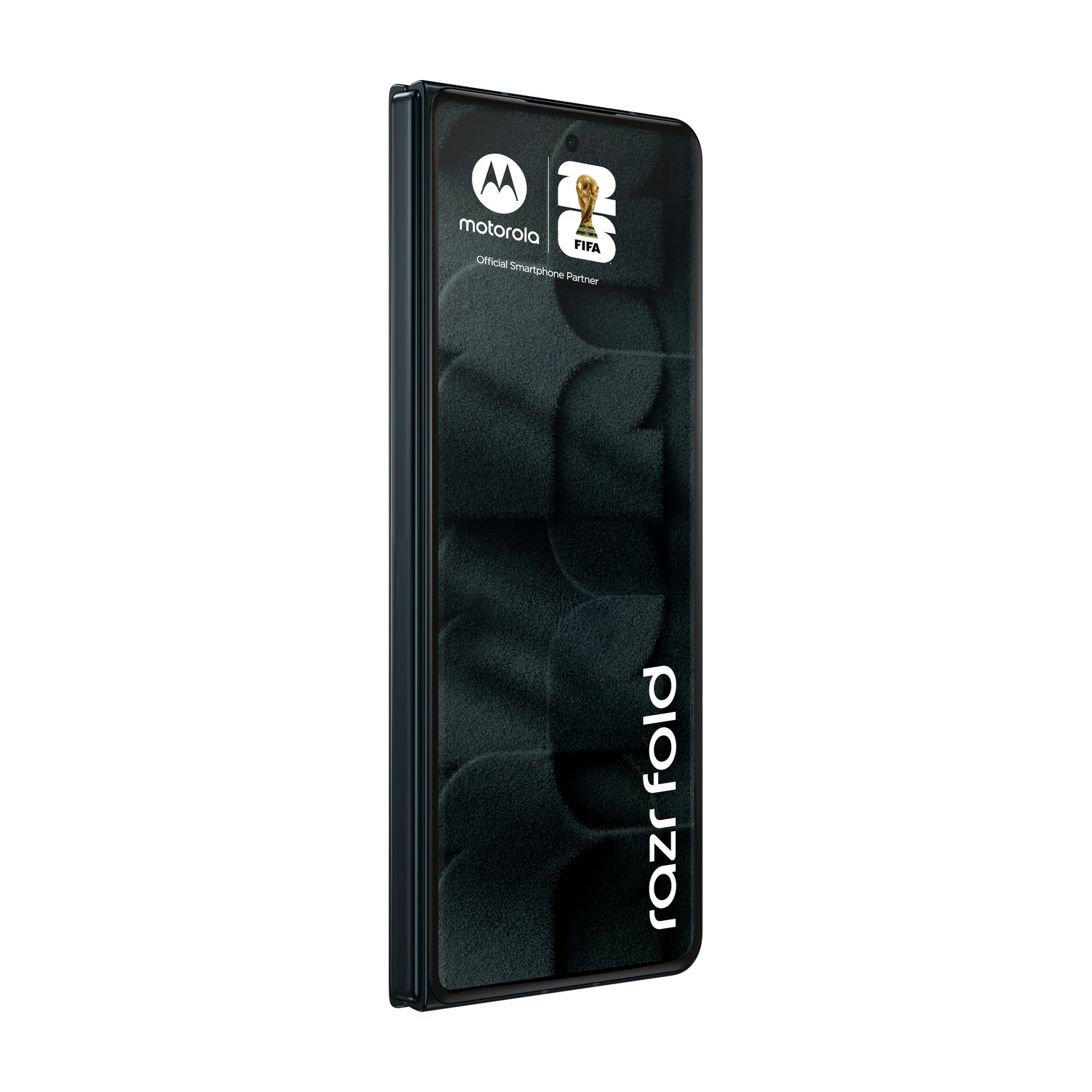 Uno smartphone Motorola Razr Fold chiuso con il logo FIFA.