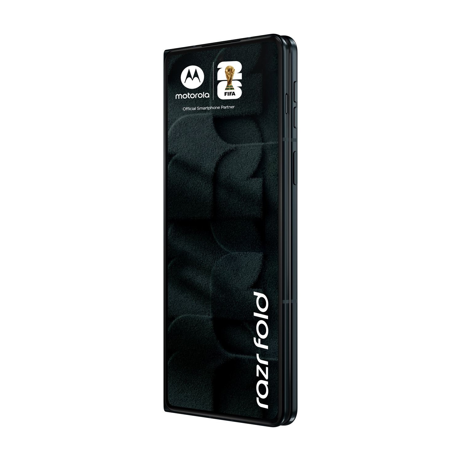 Motorola Razr Fold nero piegato con logo e testo FIFA.