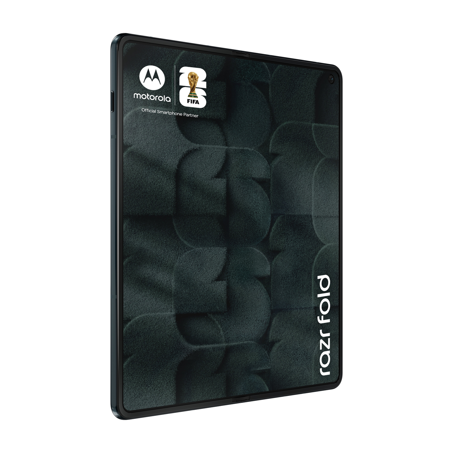 Uno smartphone Motorola Razr Fold chiuso con il logo FIFA.