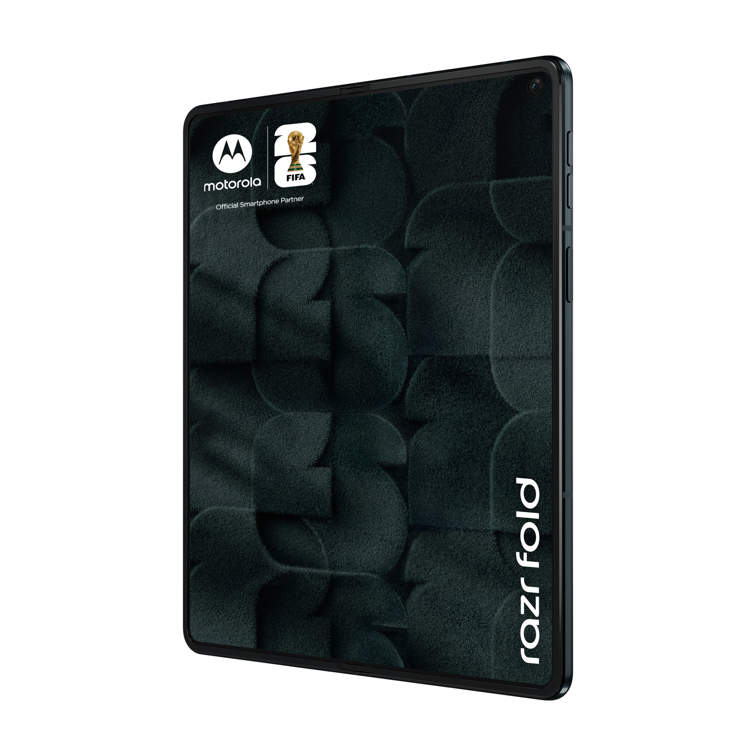 Un telefono Motorola Razr Fold chiuso con logo FIFA e sfondo a motivi.