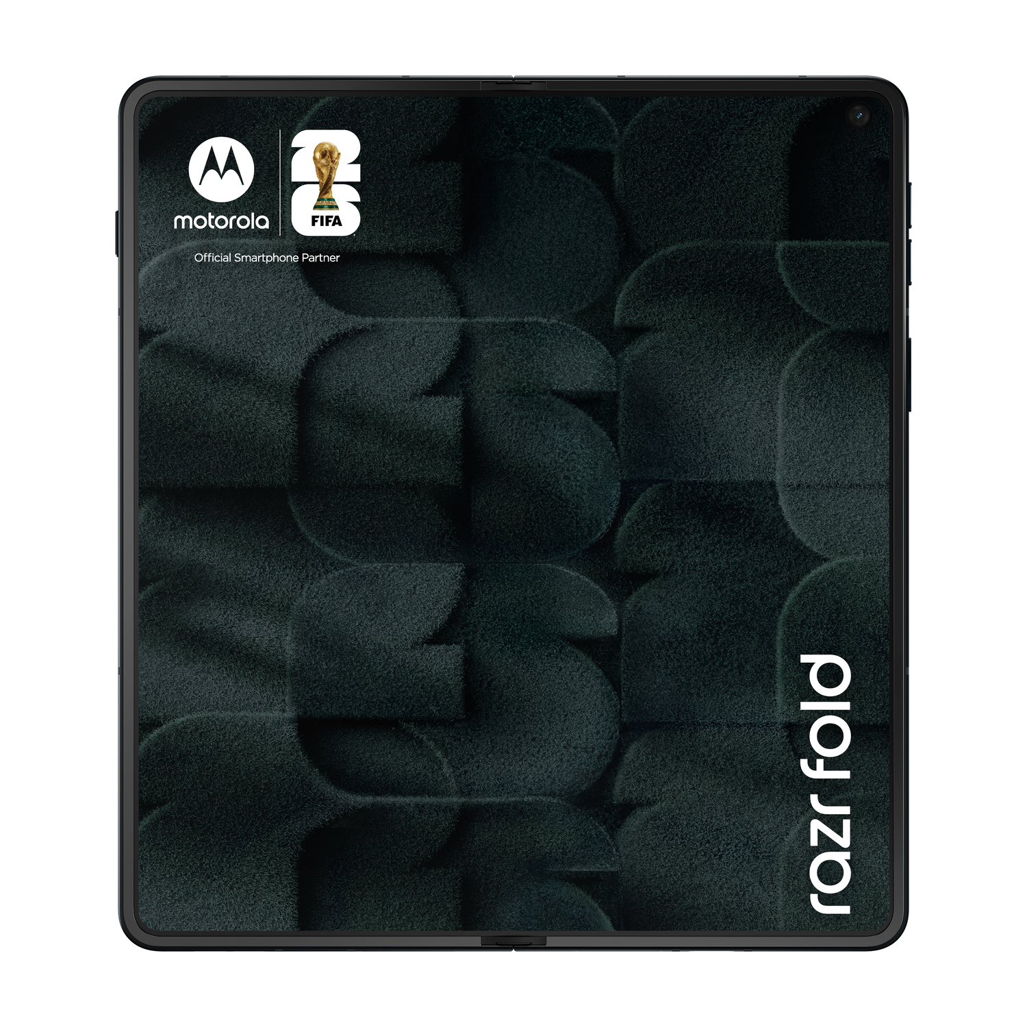 Un telefono Motorola Razr Fold chiuso con il logo FIFA e testo.