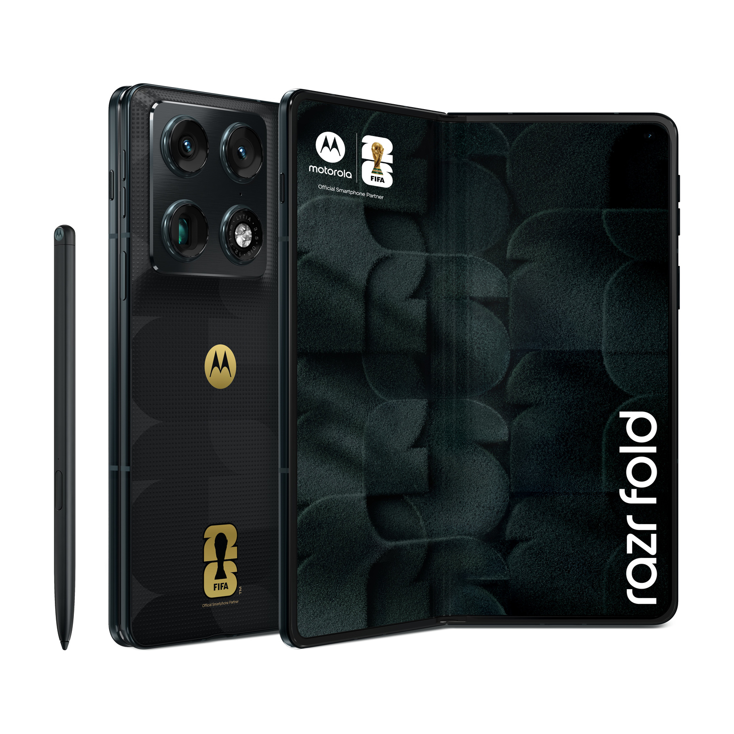 Motorola Razr pieghevole nero con stilo. Telefono chiuso con fotocamere, aperto con logo FIFA.