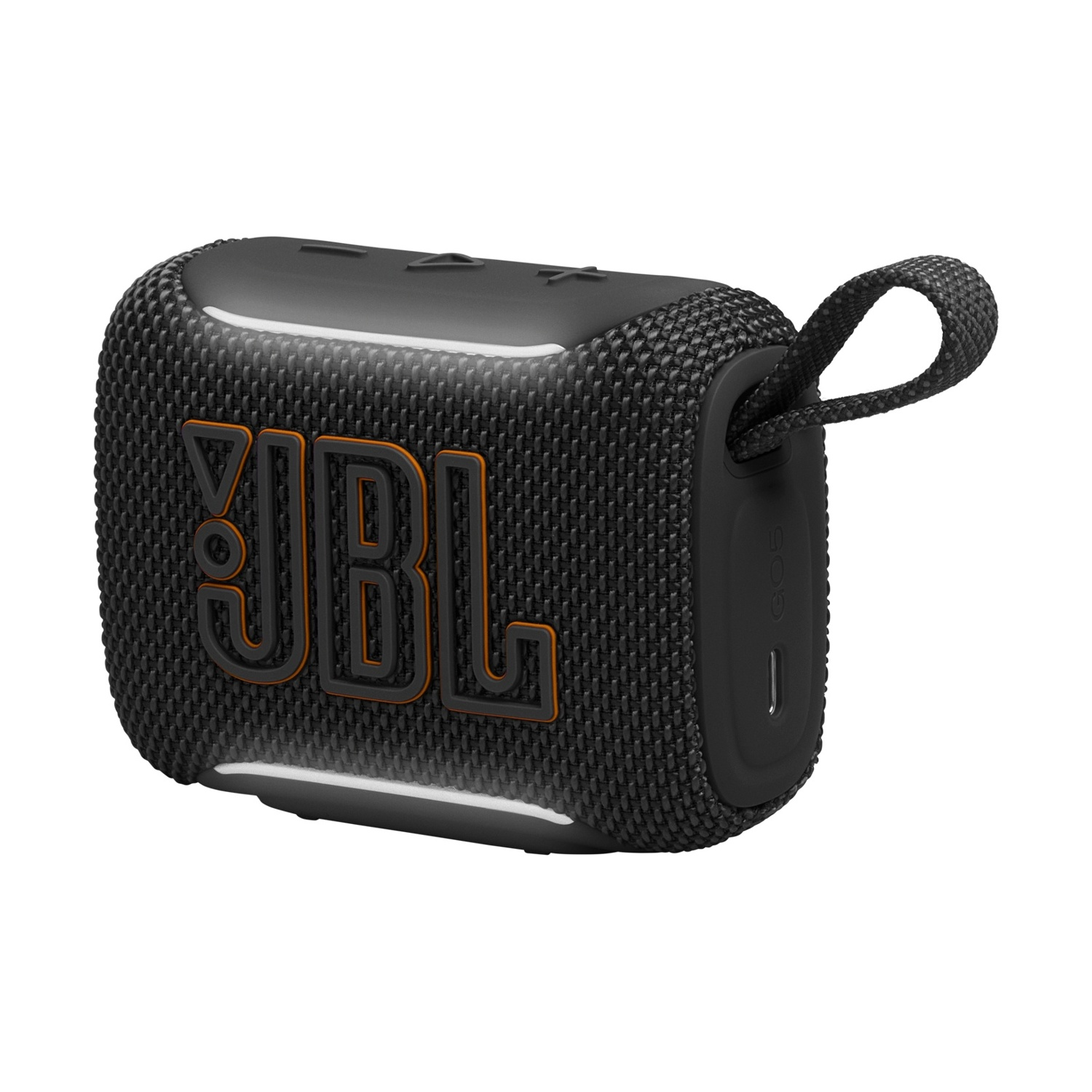 Altoparlante JBL nero con logo arancione e tracolla.