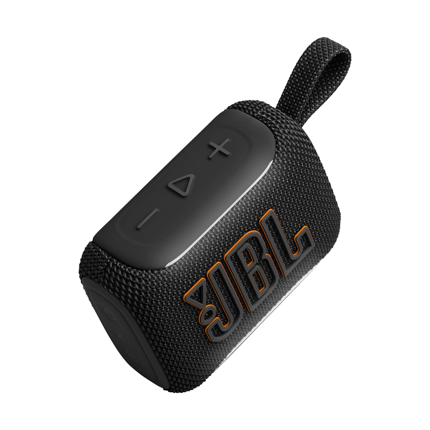 Altoparlante JBL nero con logo arancione e tracolla.