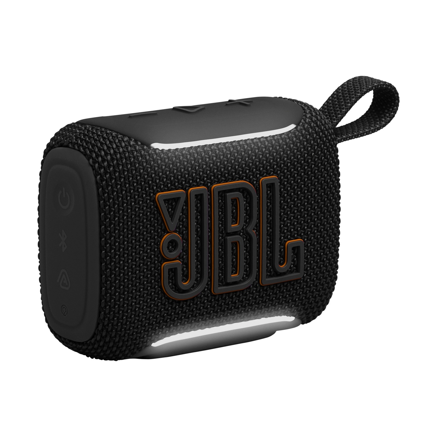 Altoparlante JBL Go 3 nero con logo arancione e tracolla.