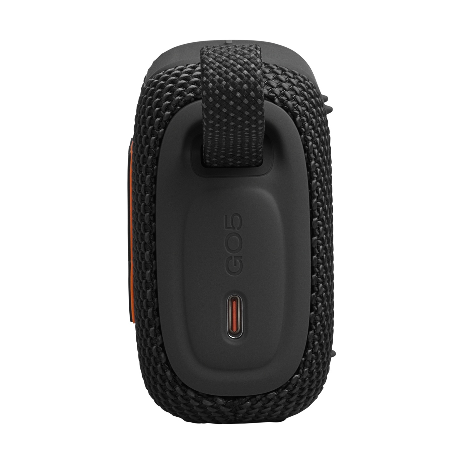 Altoparlante portatile nero con accenti arancioni e porta USB-C. Testo 'GO5' visibile.